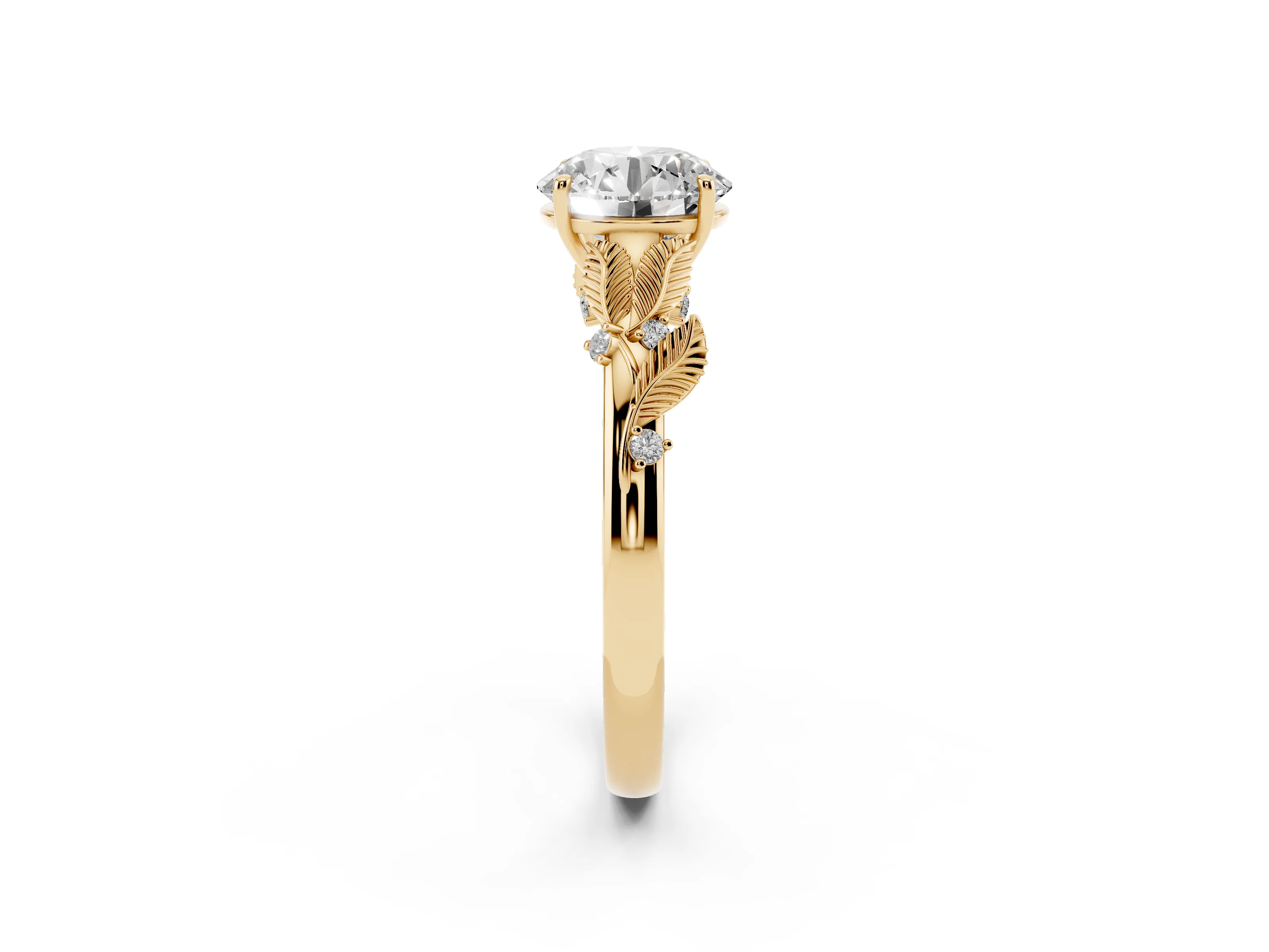 Round Cut Diamond Solitaire Ring Set in Yellow gold with Leaf Motif Band