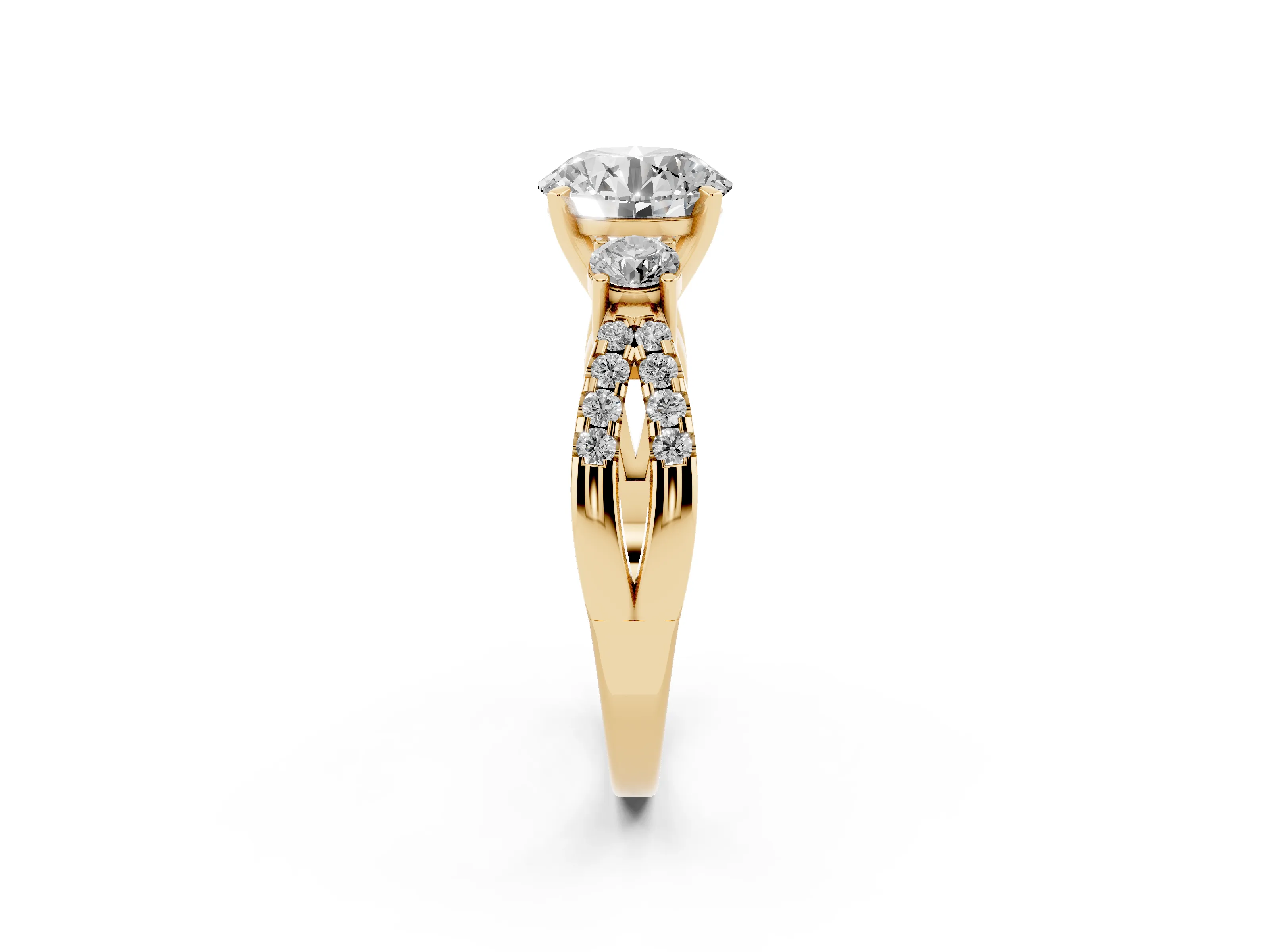 Round Cut Diamond Three-Stone Ring Set in Yellow gold with Pavé Split Shank and Prong Setting