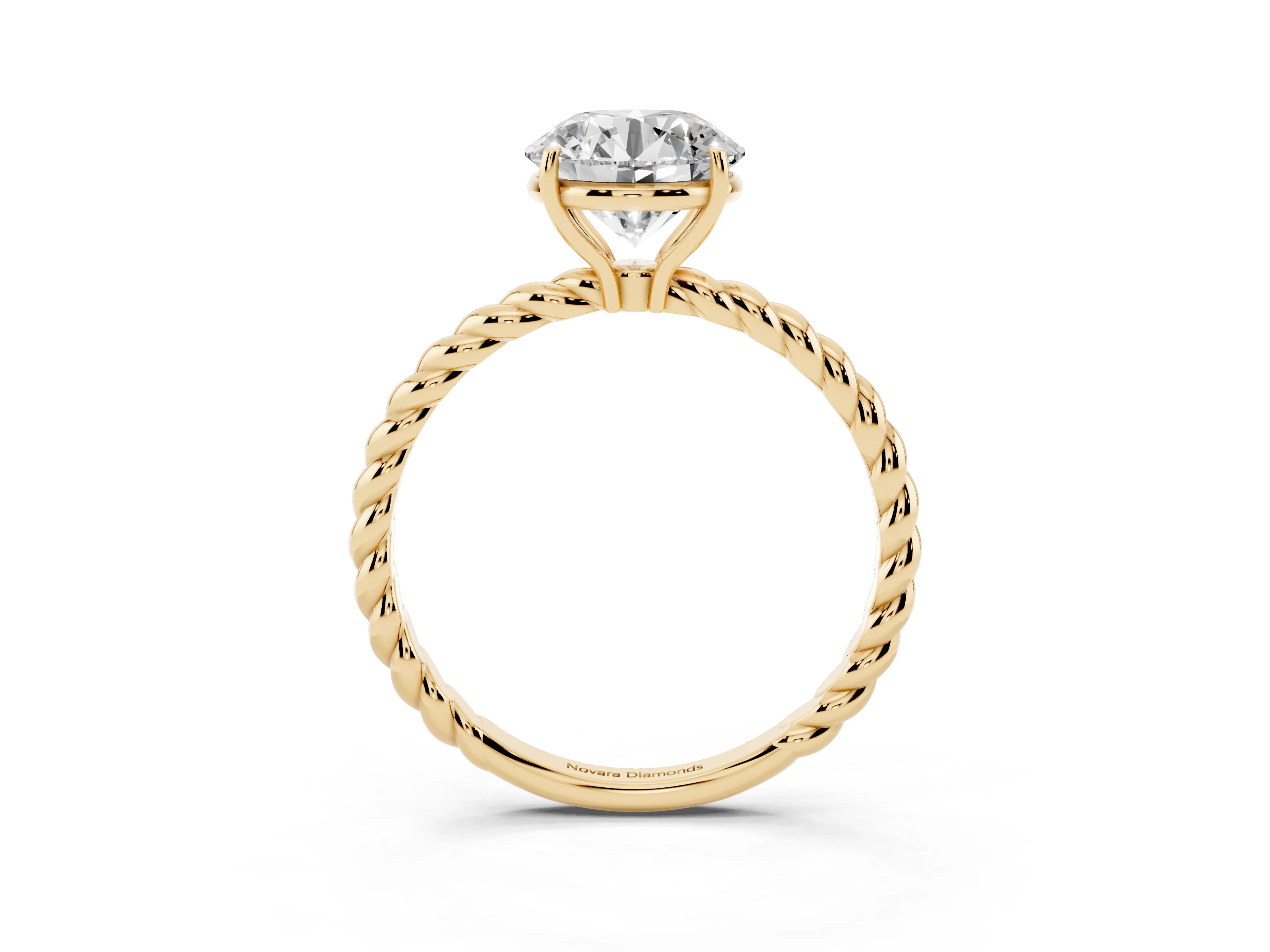 Round Cut Diamond Solitaire Ring Set in Yellow gold with Twist Band and Prong Setting