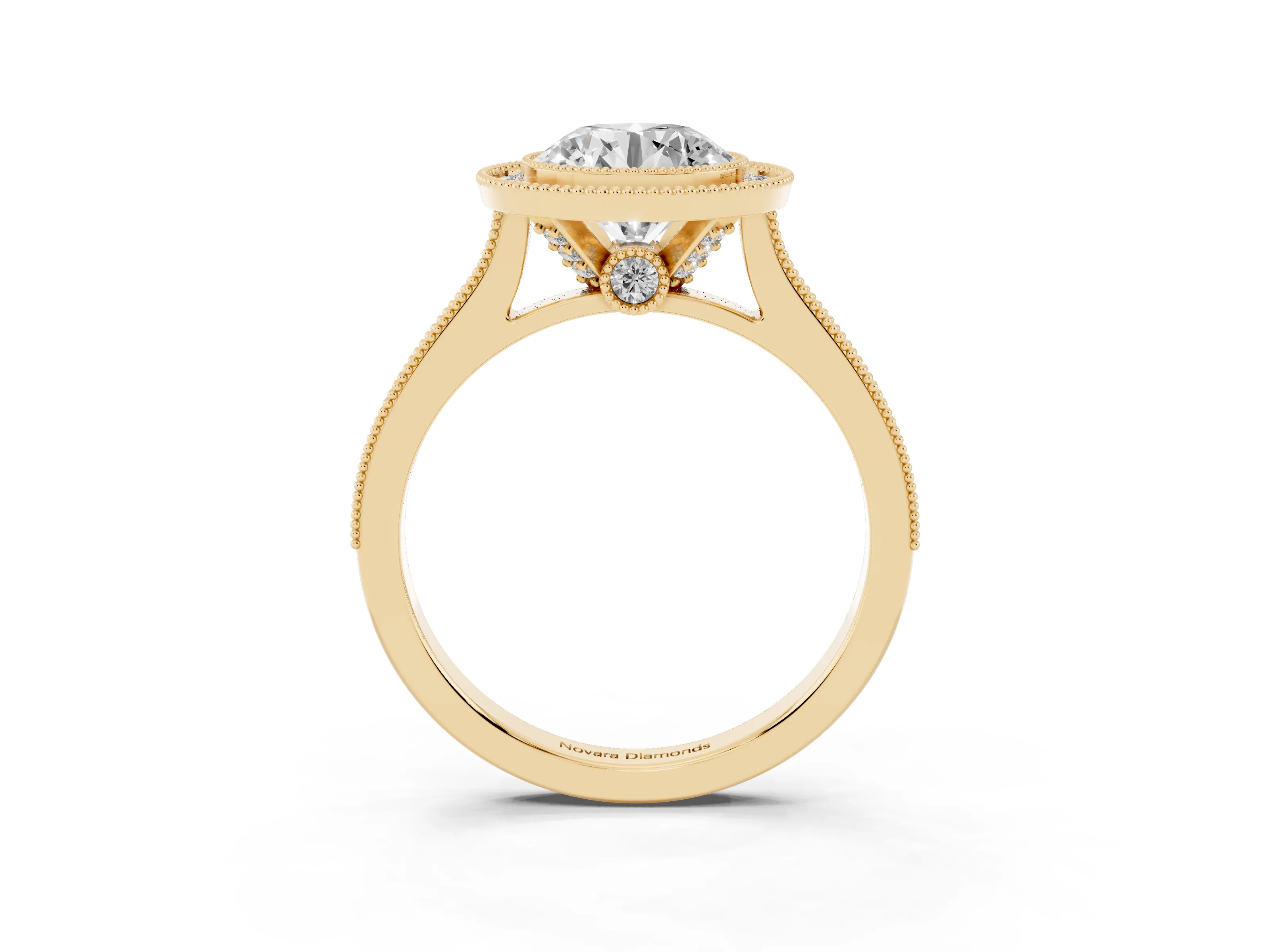 Round Cut Diamond Halo Milgrain Pavé Band Ring Set in Yellow gold with Prong Setting