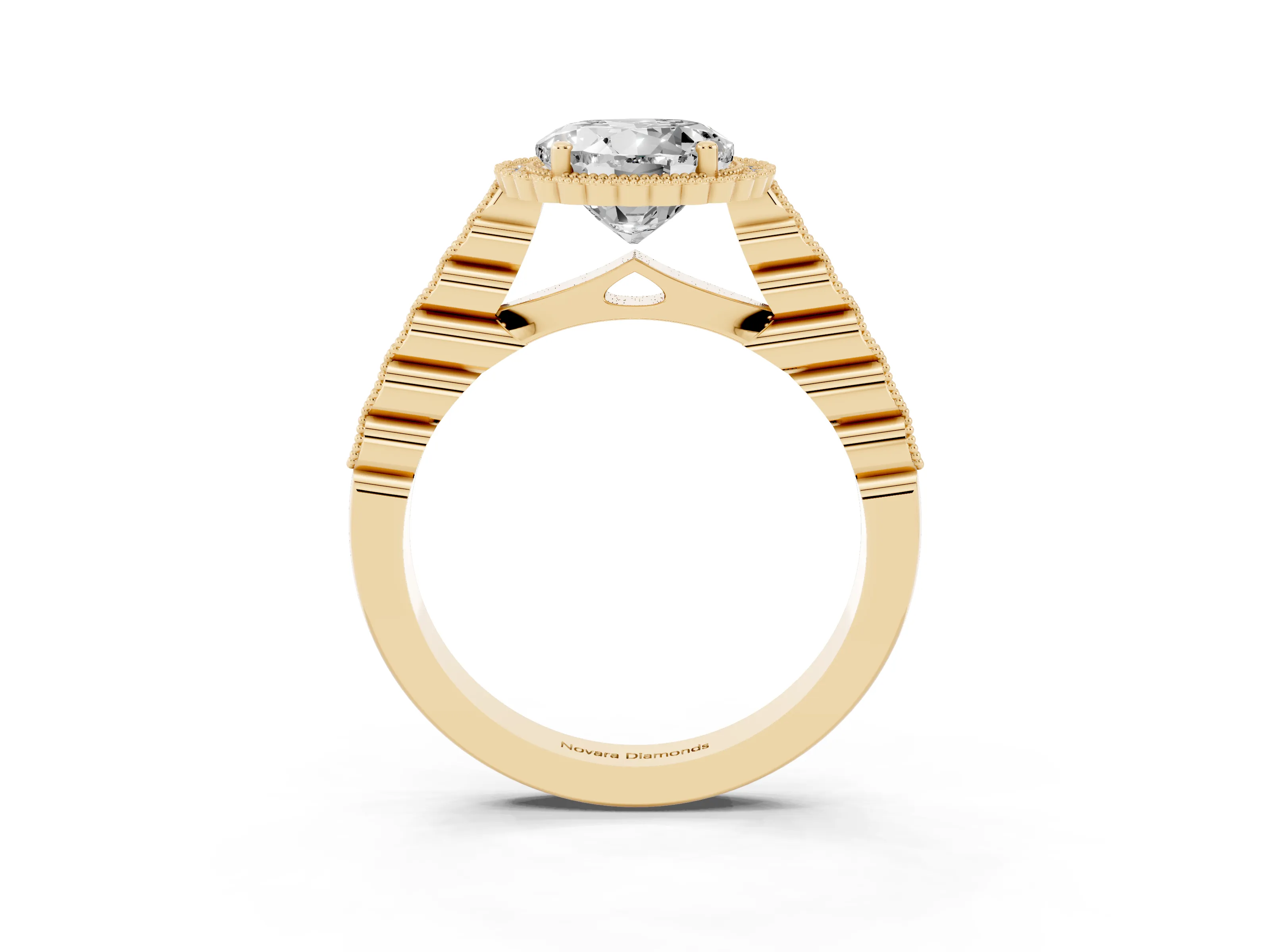 Round Cut Diamond Halo Ring Set in Yellow gold with Pavé Milgrain Band