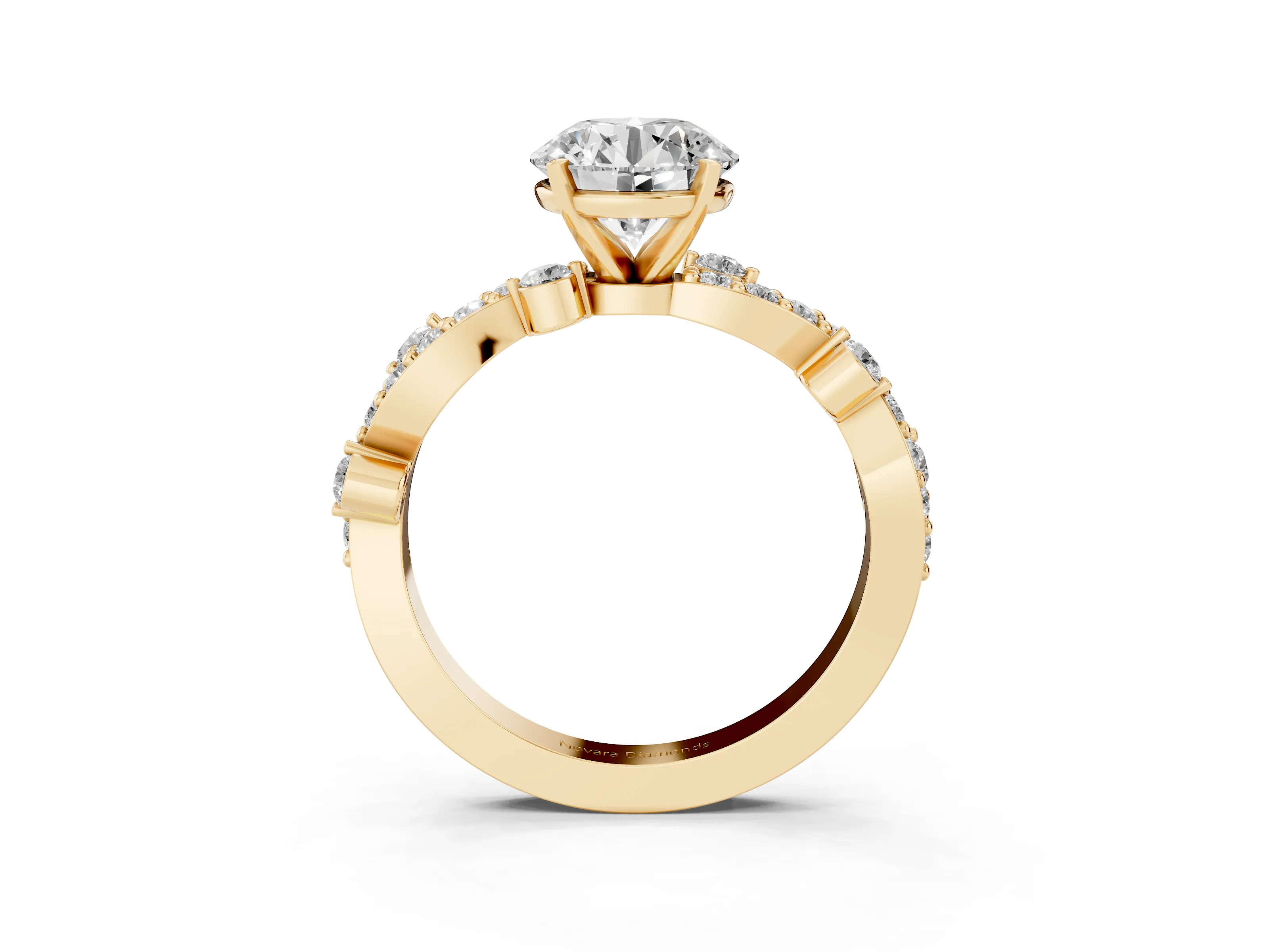 Round Cut Diamond Solitaire Twisted Band Set in Yellow gold with Pavé Setting