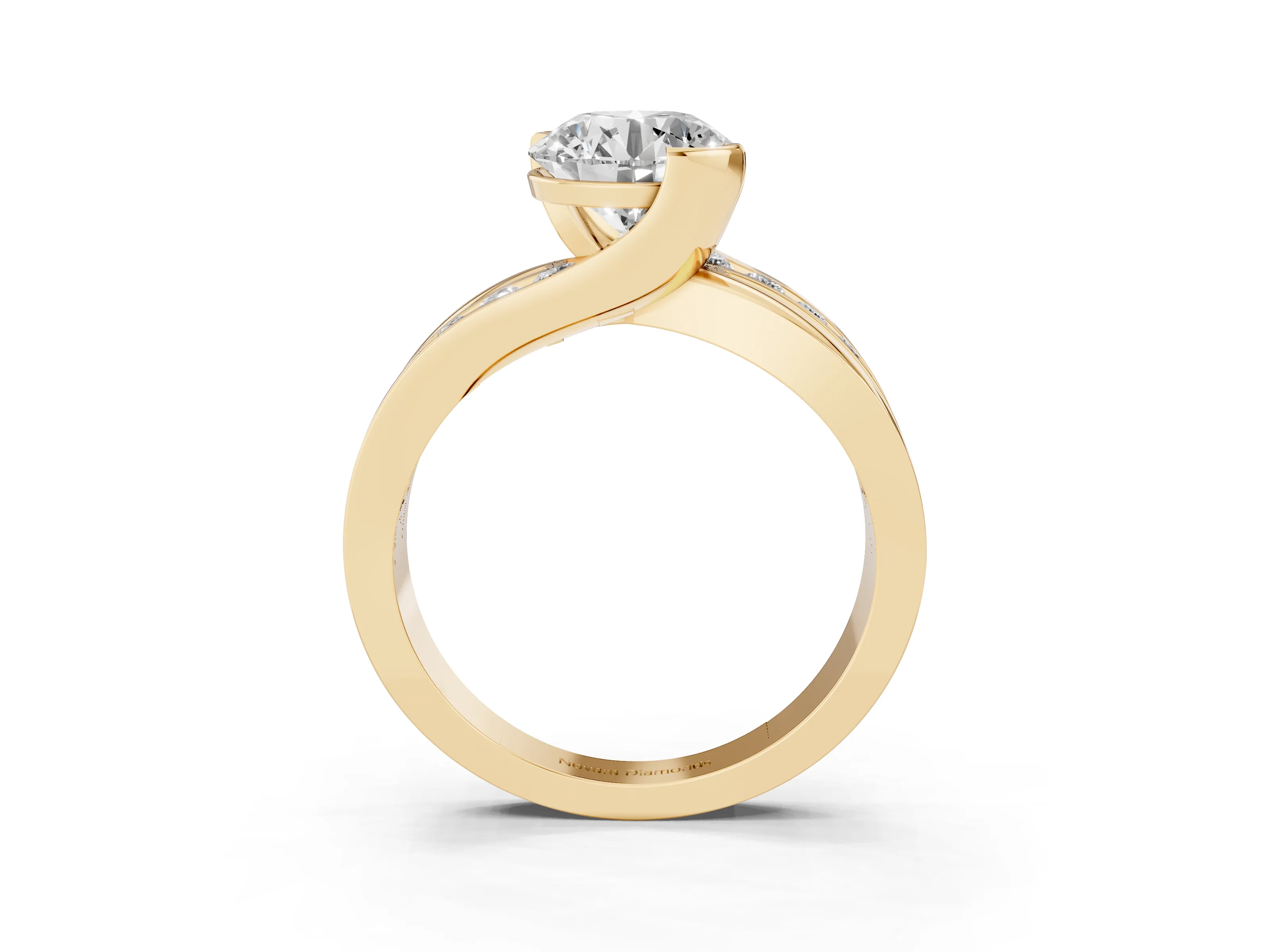 Round Cut Diamond Solitaire Ring Set in Yellow gold with Channel Set Split Shank and Tension Prongs