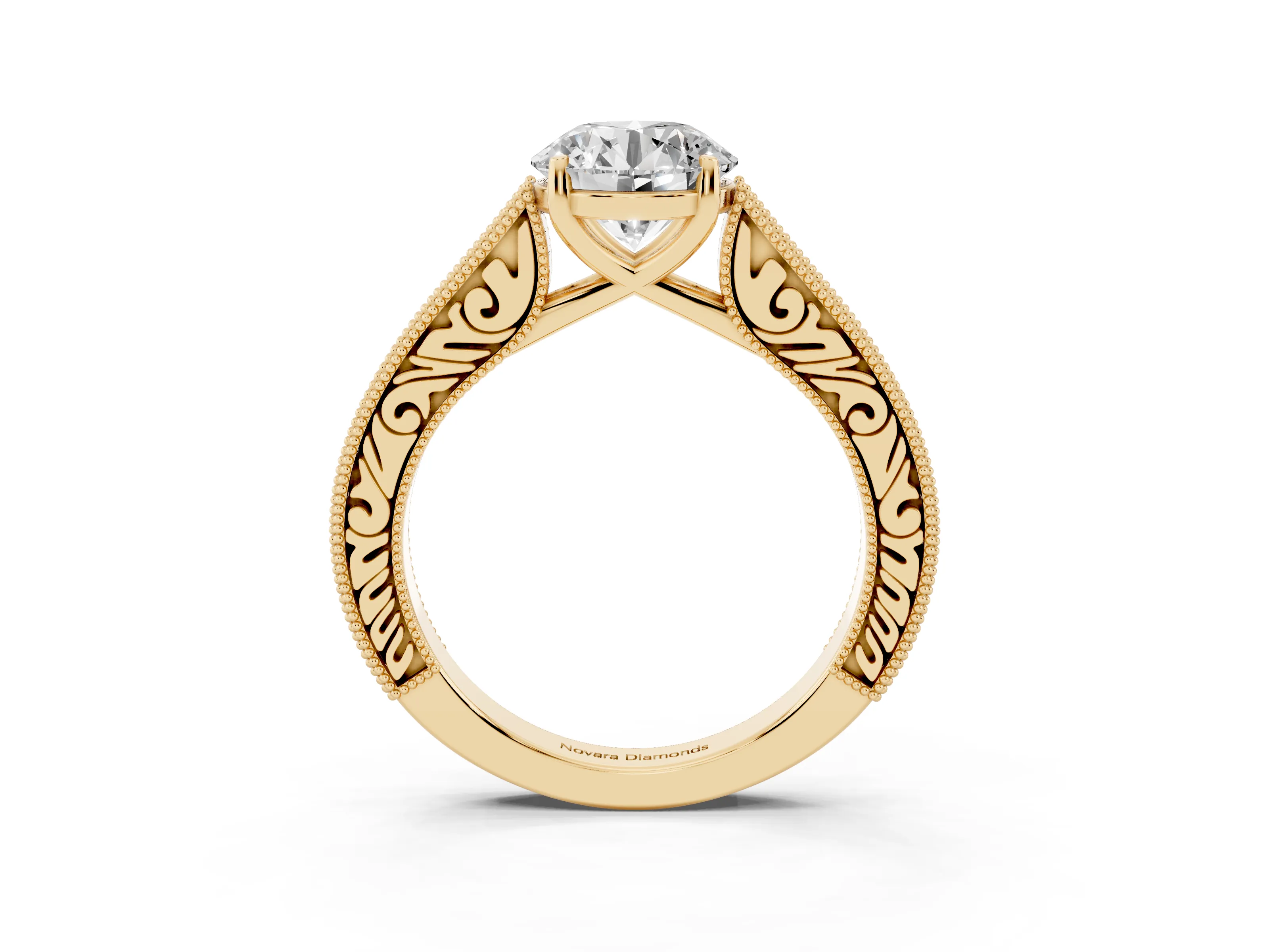Round Cut Diamond Milgrain Pavé Band Solitaire Ring Set in Yellow gold with Prong Setting