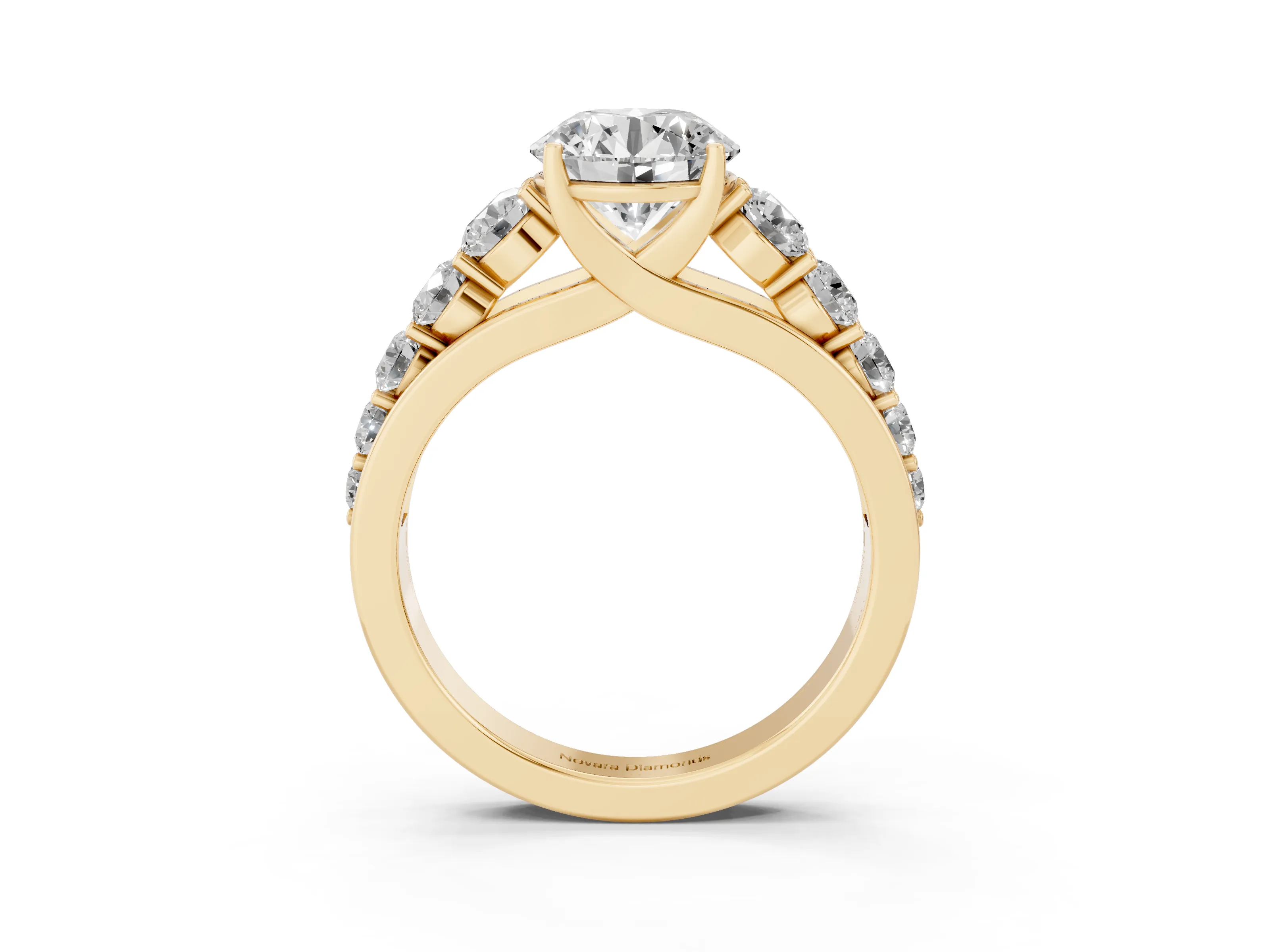 Round Cut Diamond Solitaire Ring Set in Yellow gold with Pavé-Set Band and Prong Setting