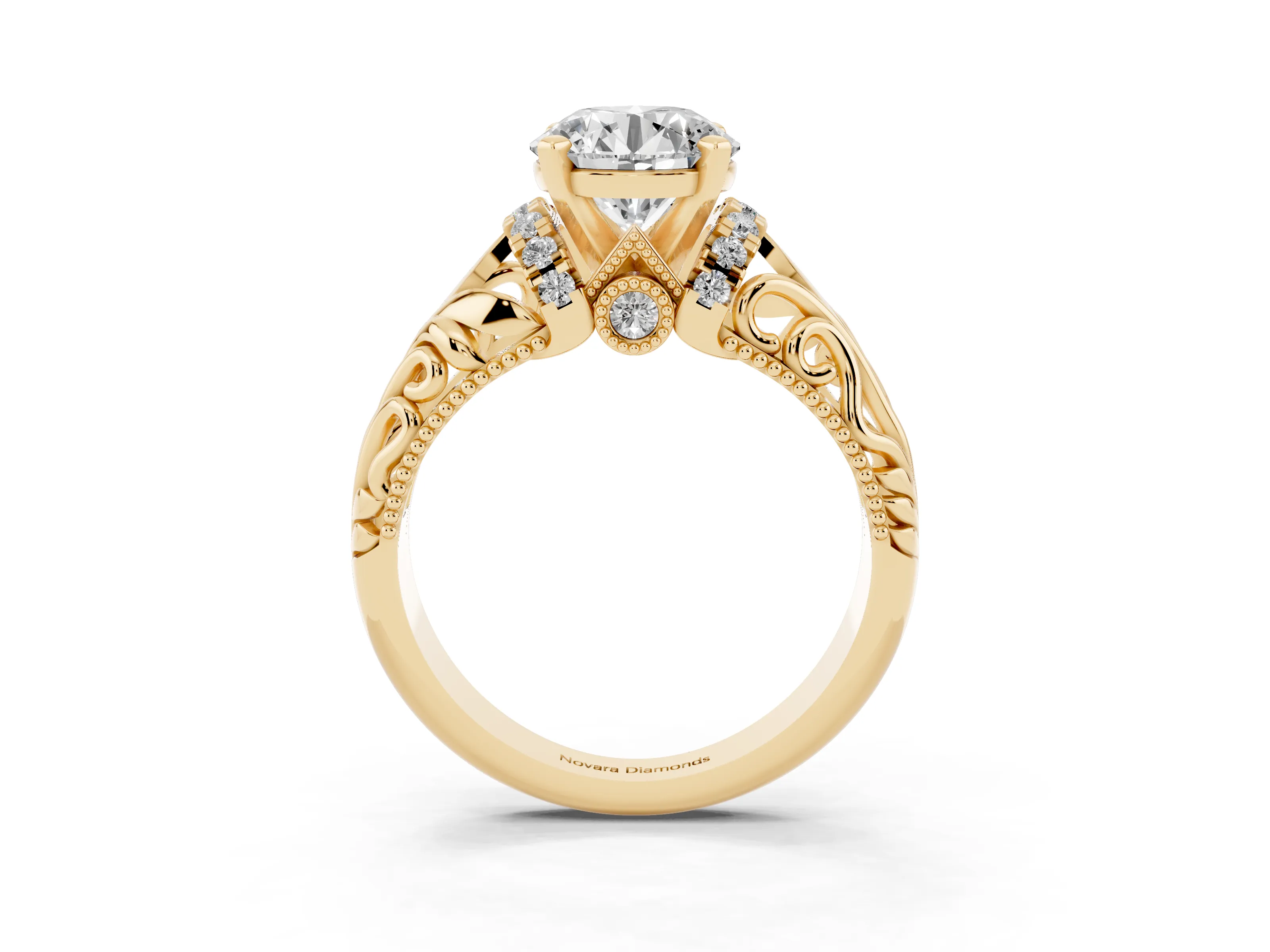 Round Cut Diamond Filigree Halo Engagement Ring Set in Yellow gold with Prong Setting