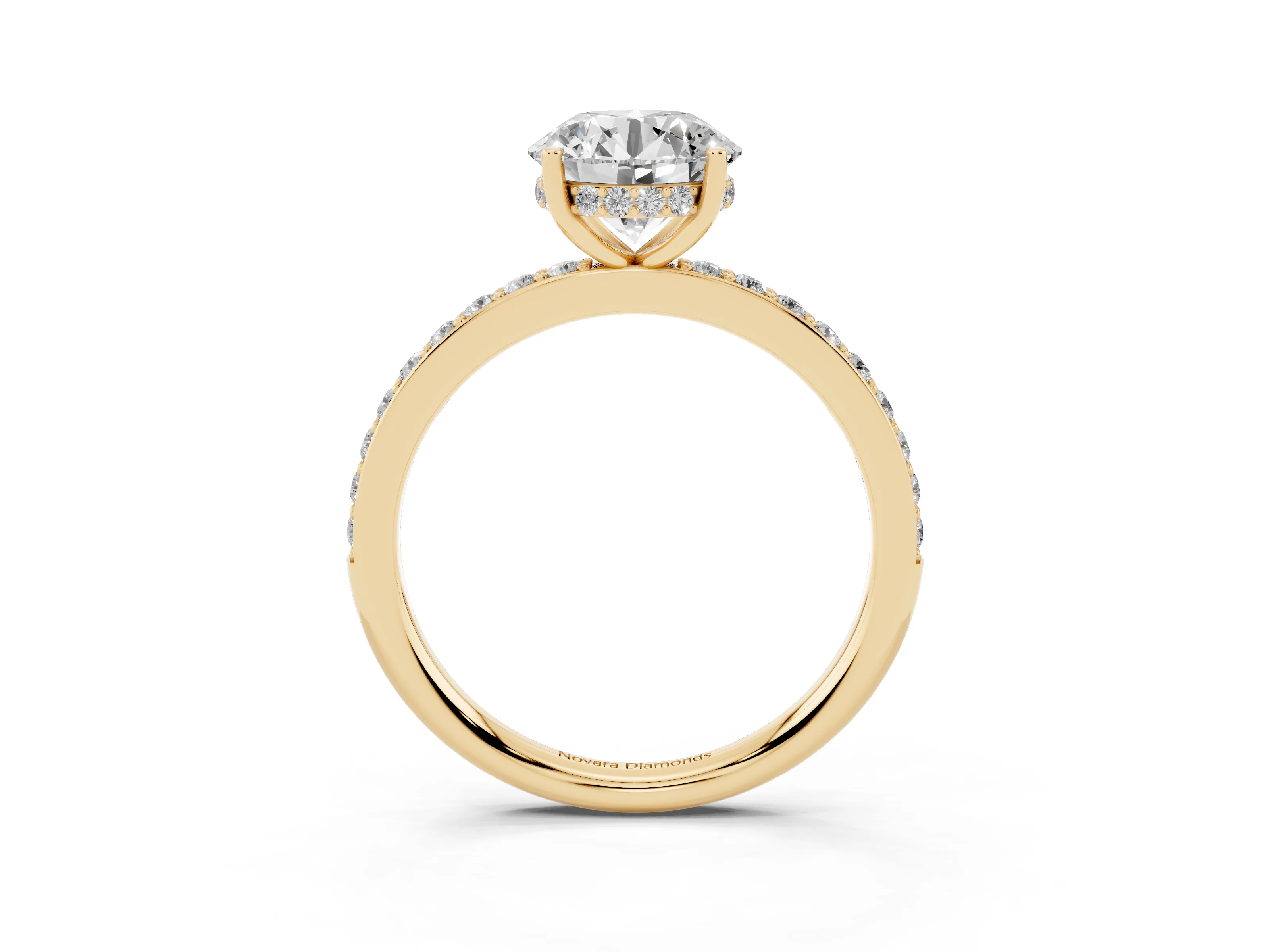 Round Cut Diamond Pavé Band Ring Set in Yellow gold with Prong-Set Center Stone