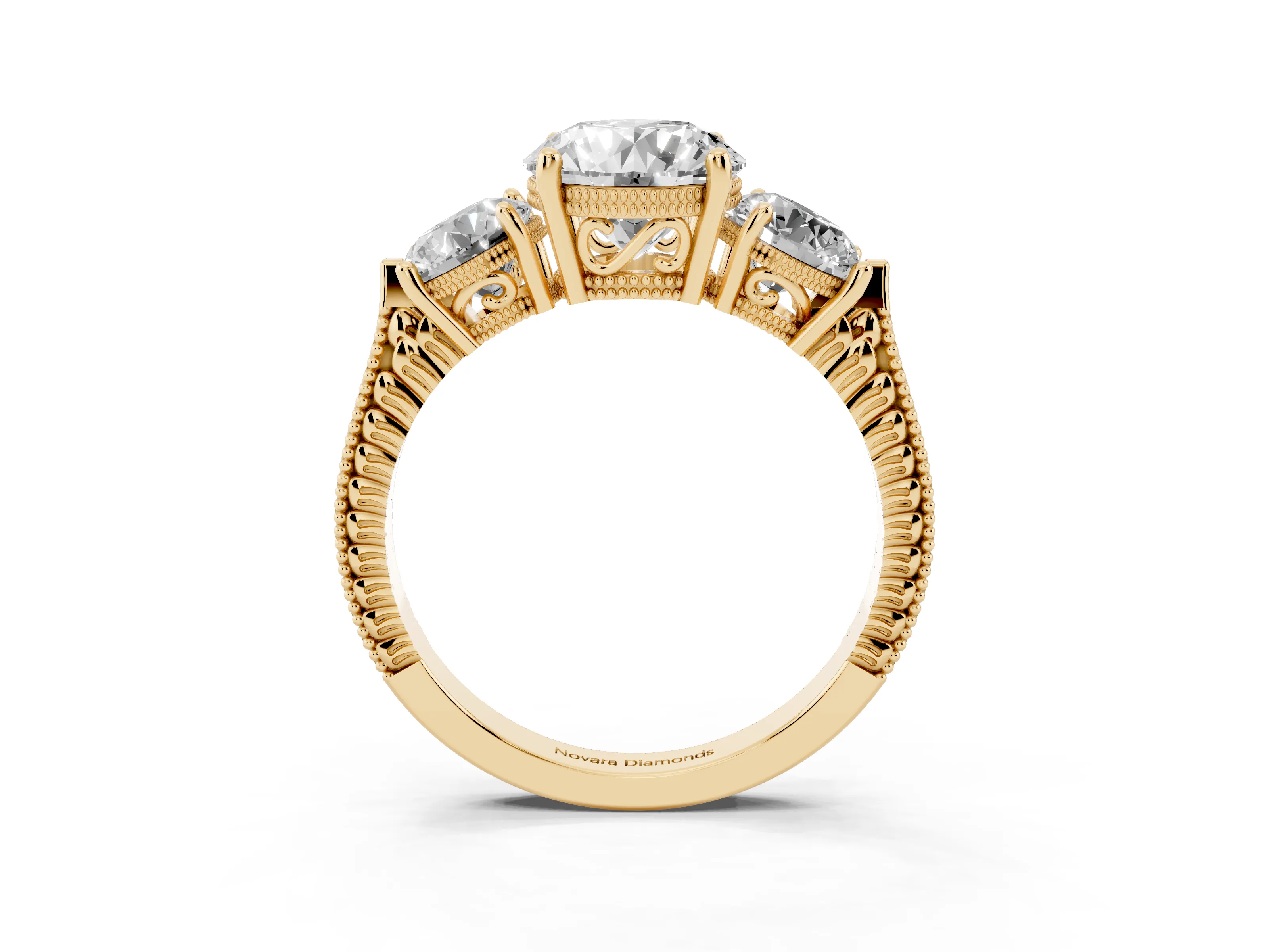 Round Cut Diamond Three-Stone Ring Set in Yellow gold with Milgrain Band