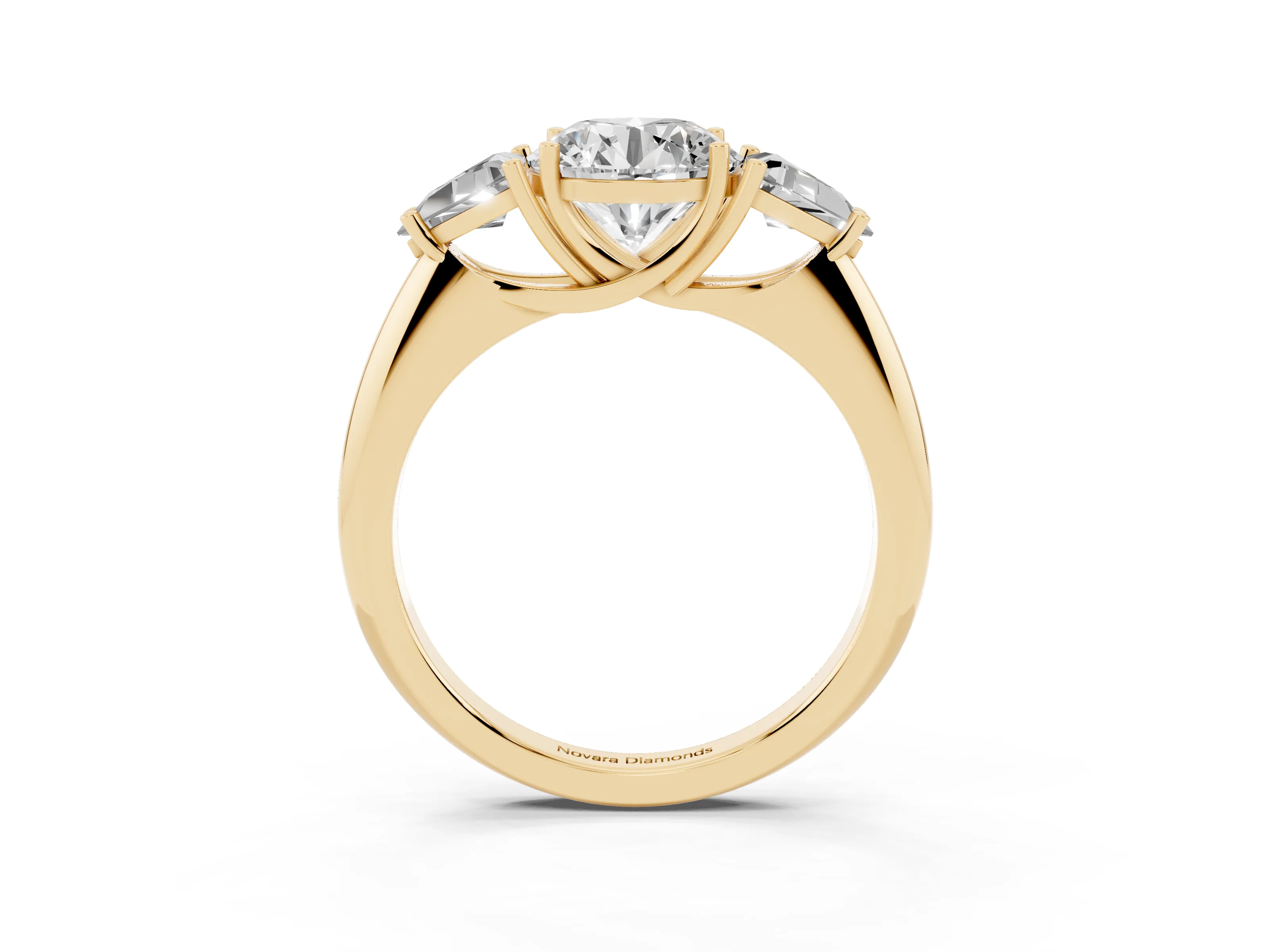 Round Cut Diamond Three-Stone Engagement Ring Set in Yellow gold with Trillion Side Stones