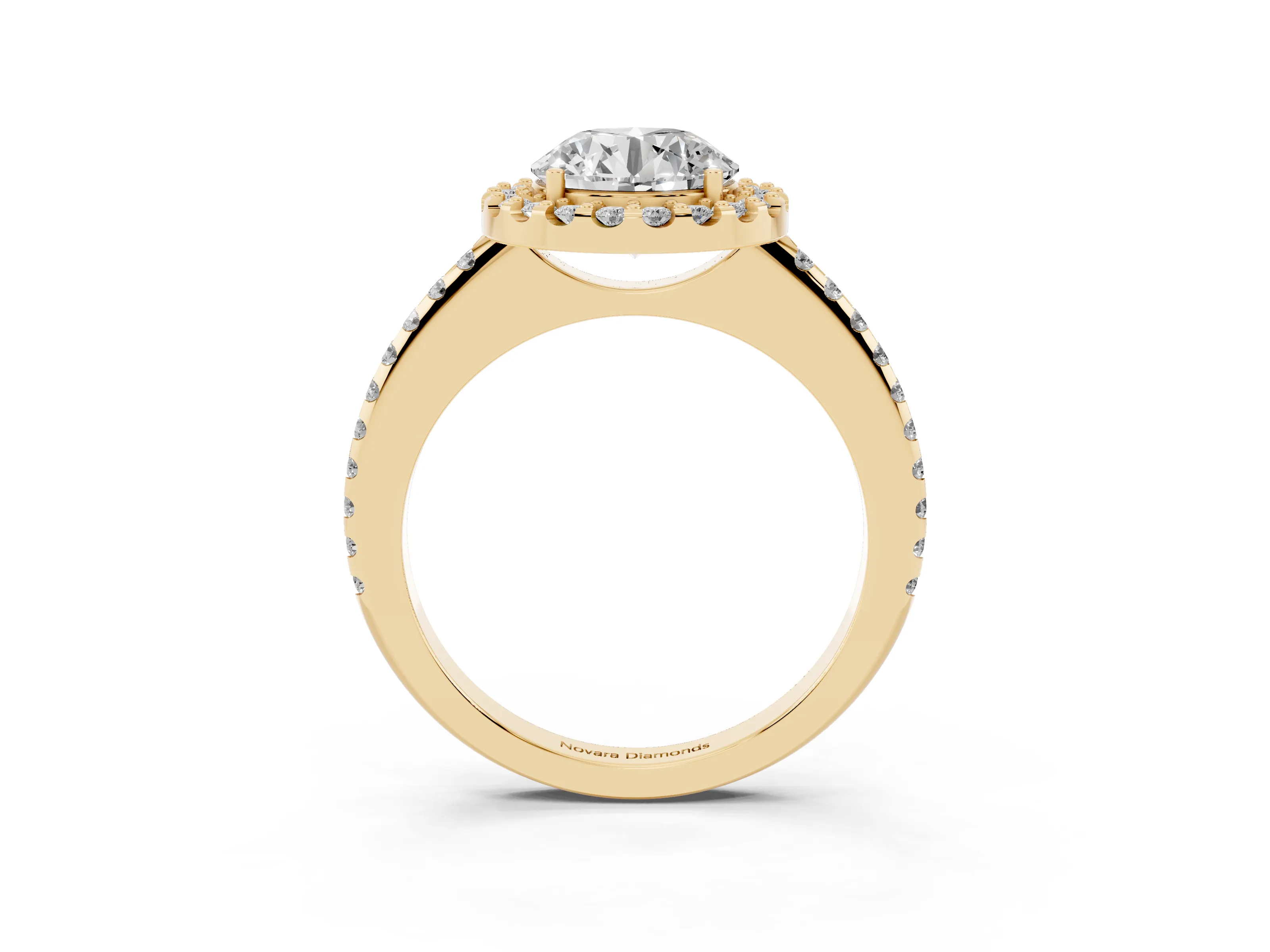 Round Cut Diamond Pavé Halo Ring Set in Yellow gold with Prong Setting