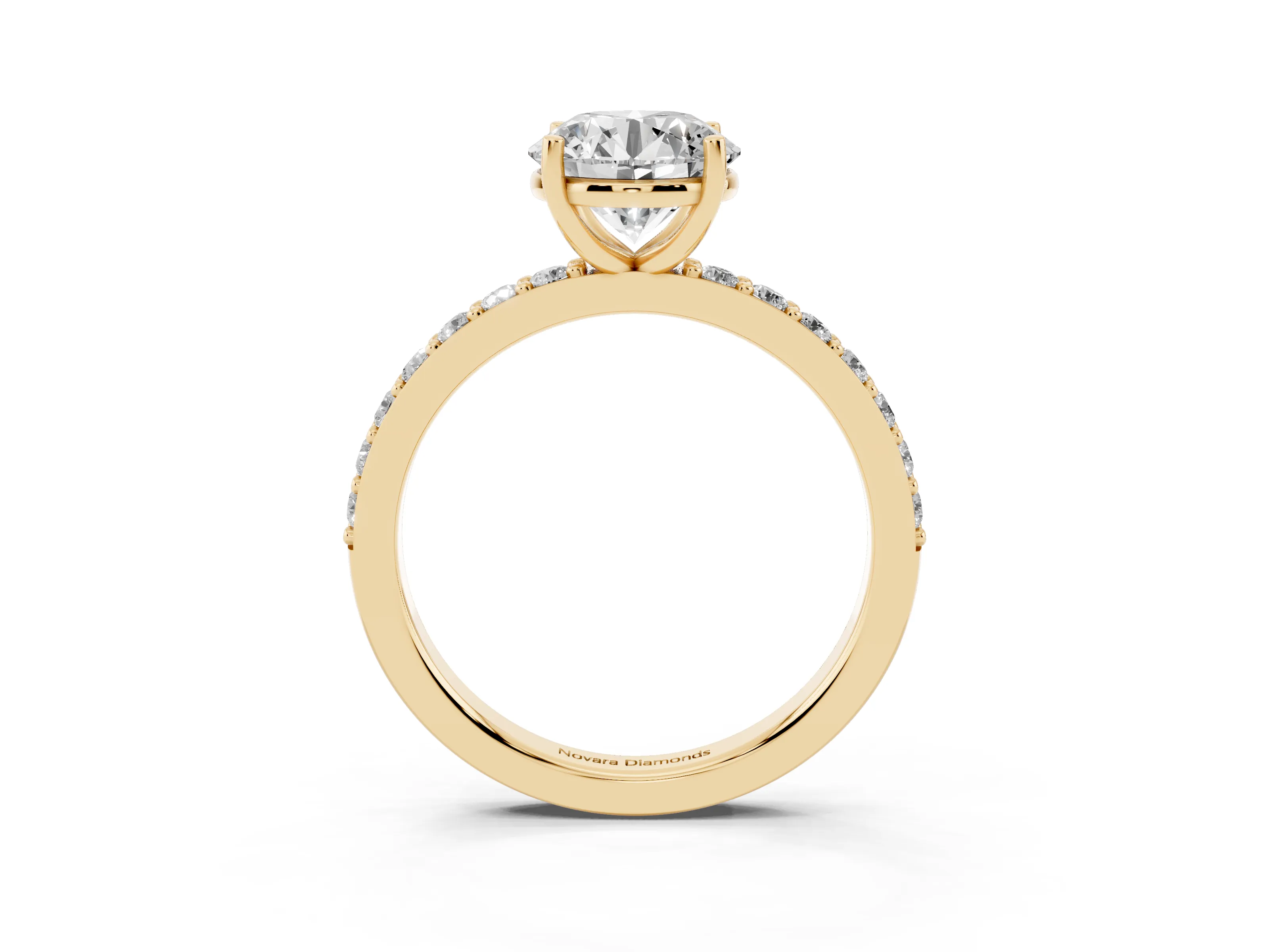 Round Cut Diamond Solitaire Set in Yellow gold with Round Pavé Band and Prong Setting