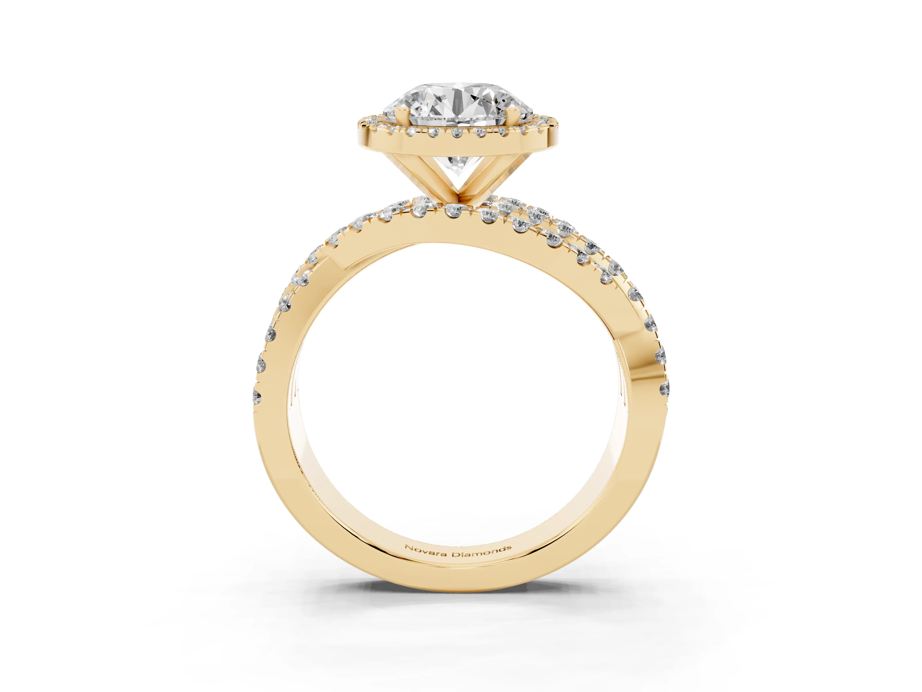 Round Cut Diamond Halo Ring Set in Yellow gold with Round Crossover Split Shank and Prong Setting