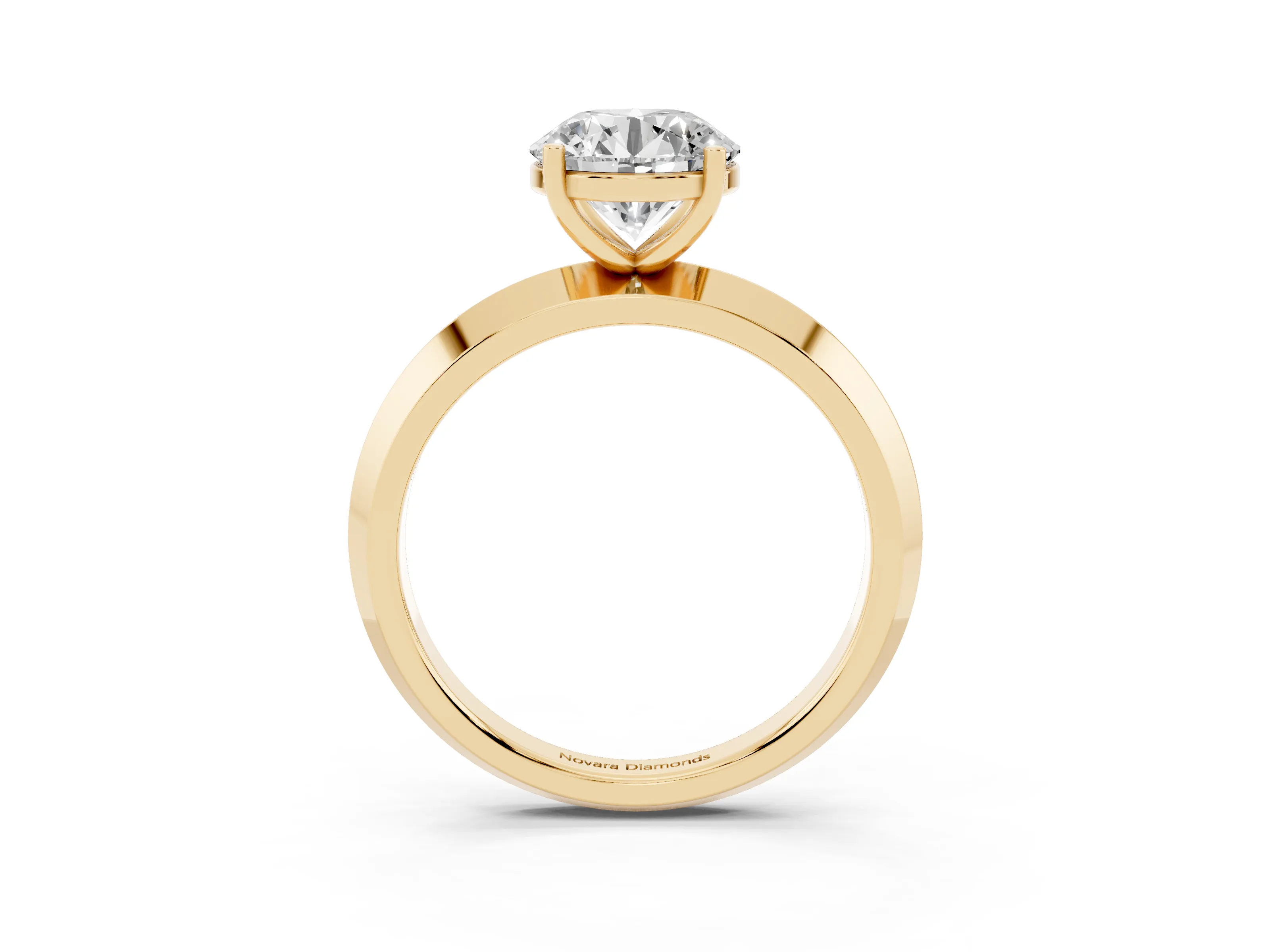 Round Cut Diamond Solitaire Engagement Ring Set in Yellow gold with Flat Band and Prong Setting