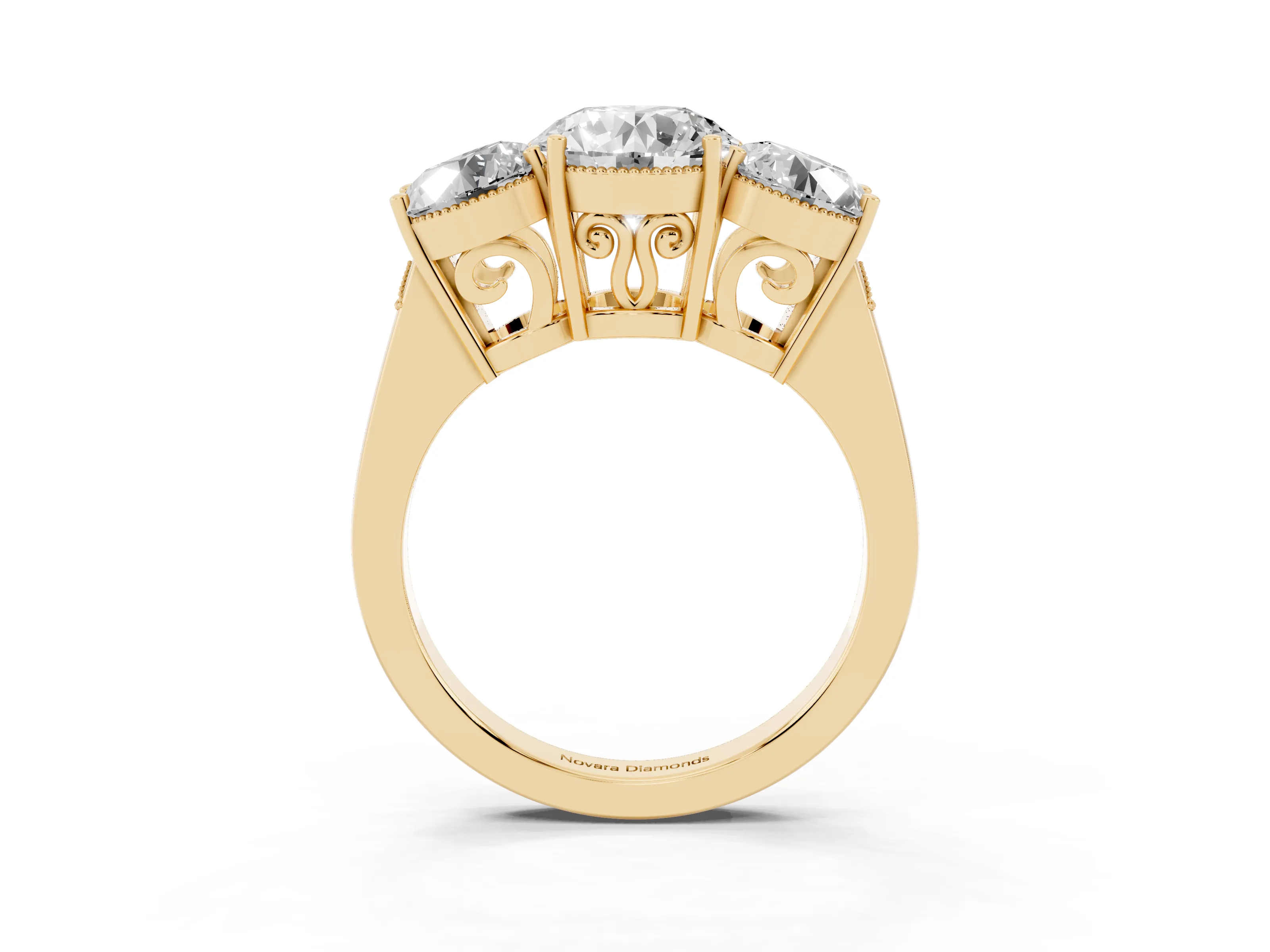 Round Cut Diamond Three-Stone Engagement Ring Set in Yellow gold with Polished Band