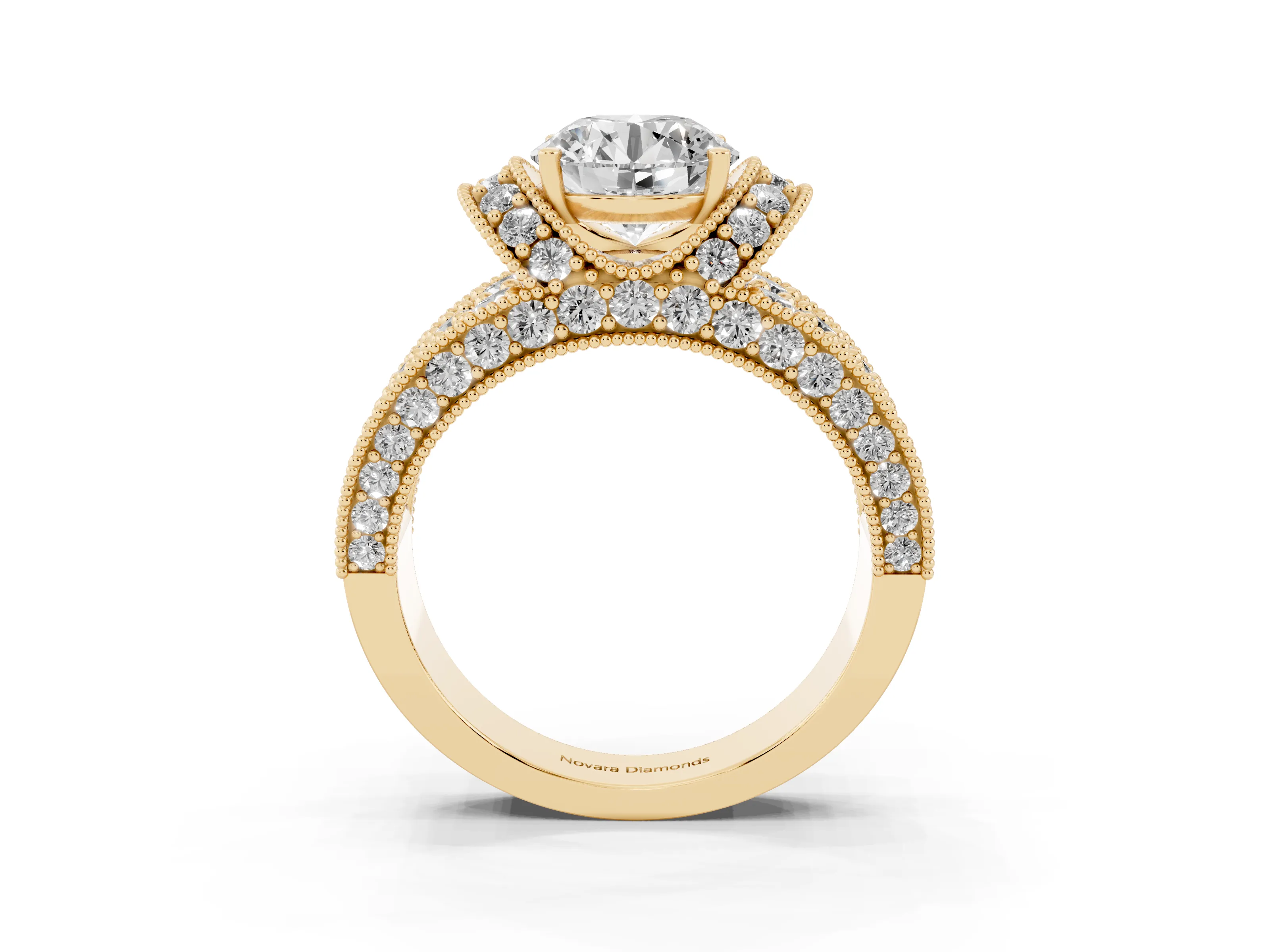 Round Cut Diamond Milgrain Halo Pavé Engagement Ring Set in Yellow gold with Prong Setting