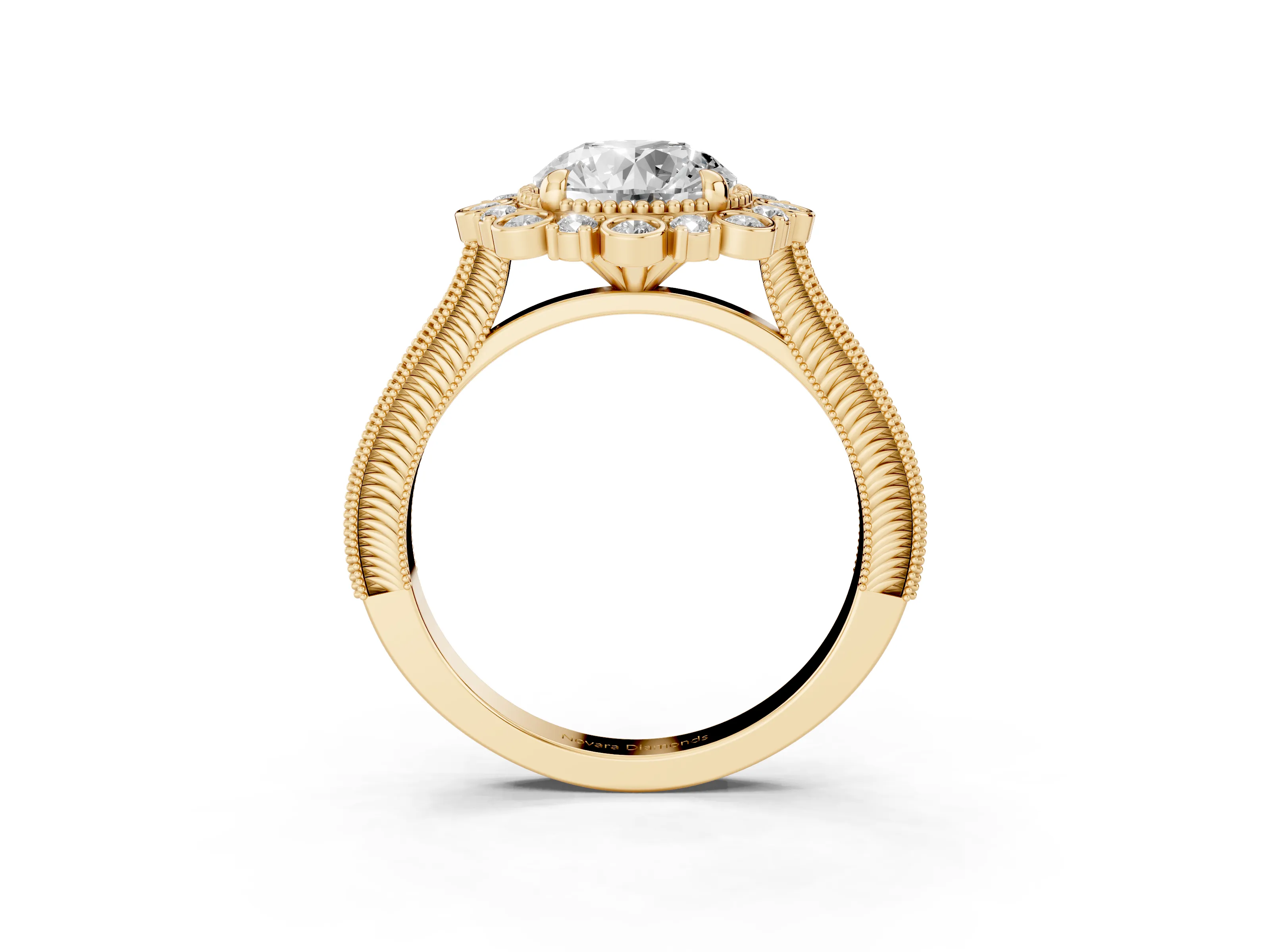 Round Cut Diamond Halo Milgrain Pavé Ring Set in Yellow gold with Prong Setting