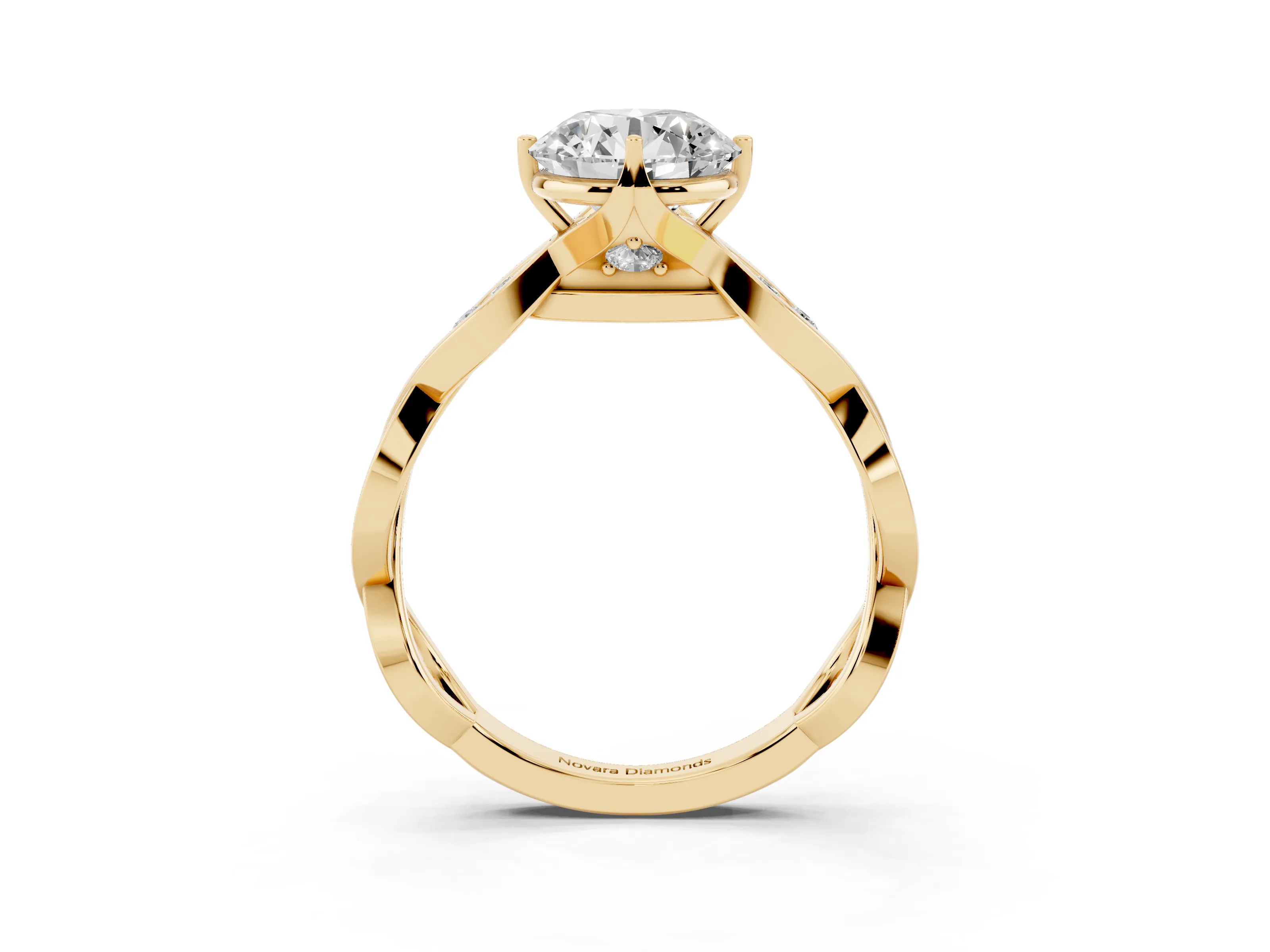 Round Cut Diamond Twist Band Solitaire Ring Set in Yellow gold with Leaf Prong Setting and Accent Stones