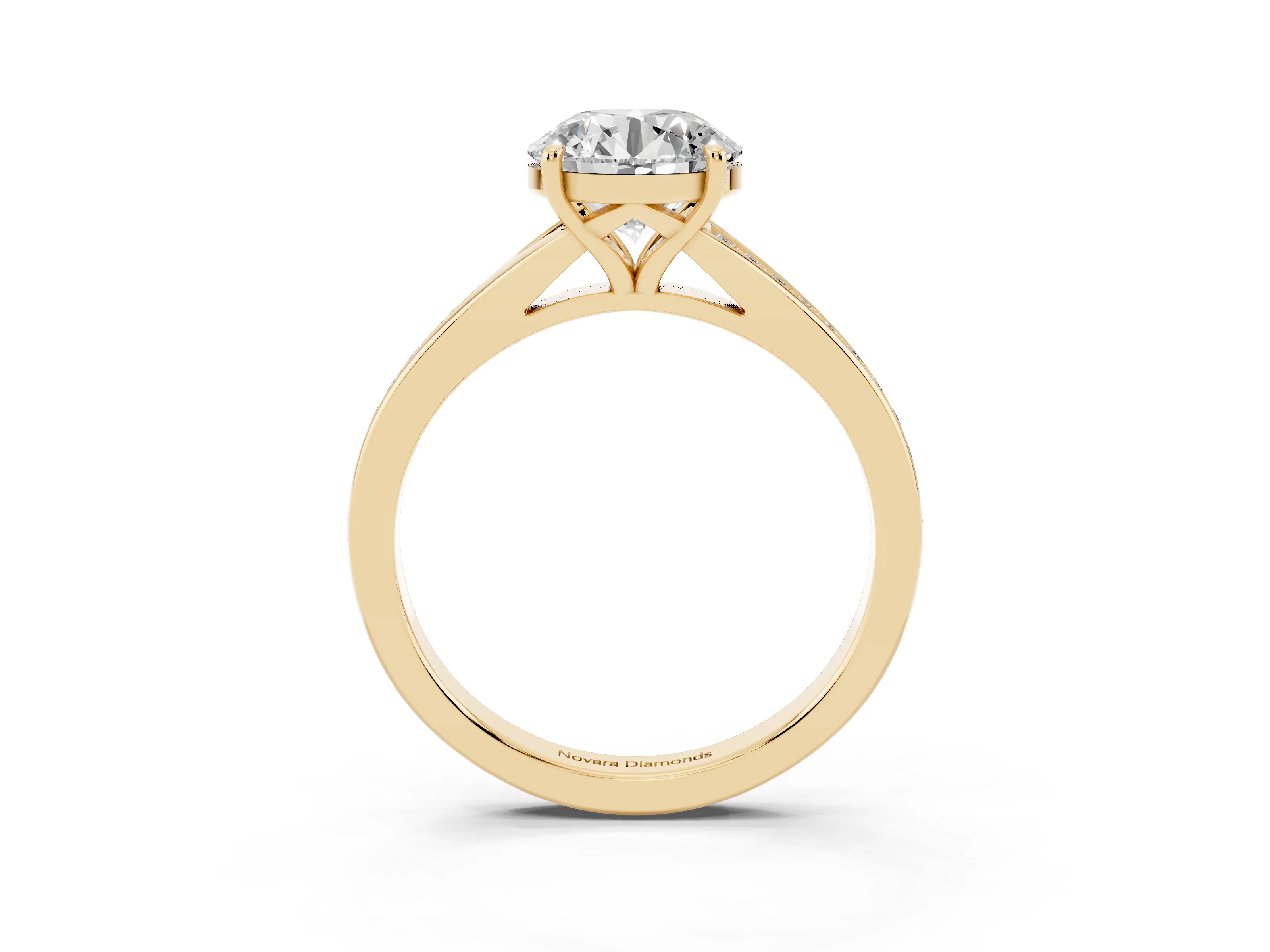 Round Cut Diamond Solitaire Ring Set in Yellow gold with Pavé Accent Band and Classic Prong Setting