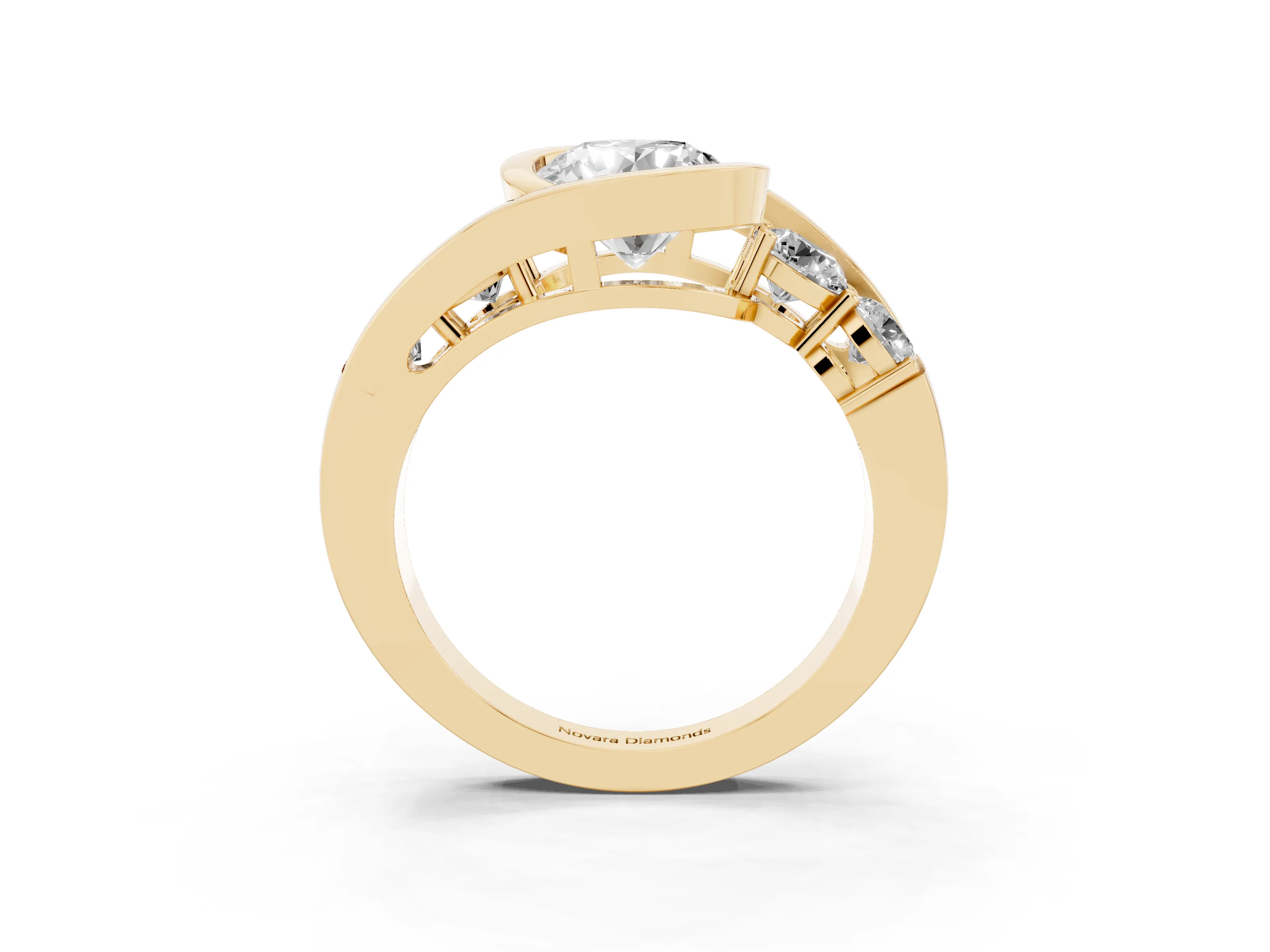 Round Cut Diamond Bezel Bypass Ring Set in Yellow gold with Round Accents