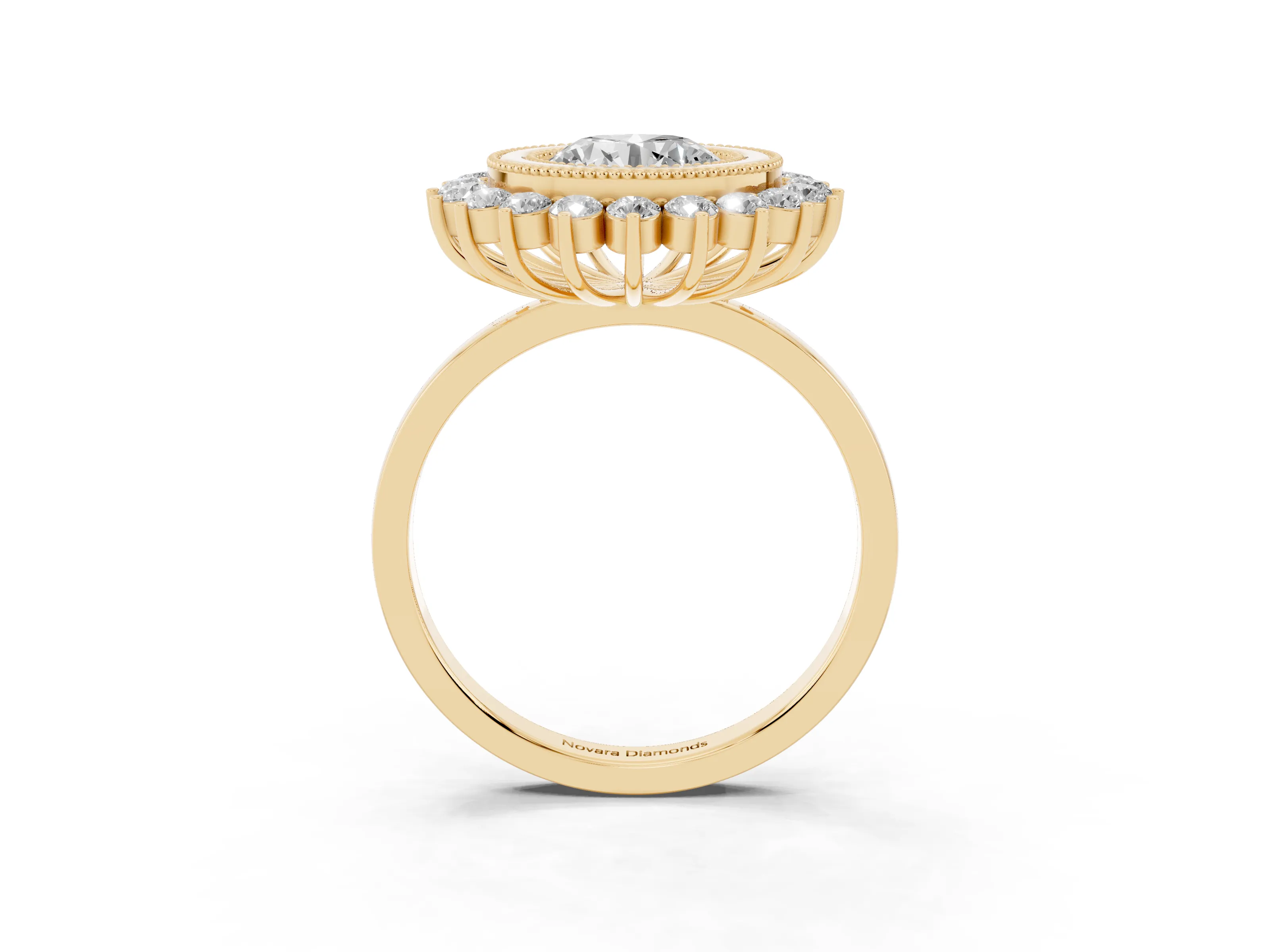 Round Cut Diamond Halo Ring Set in Yellow gold with Milgrain Edge and Round Prong Setting