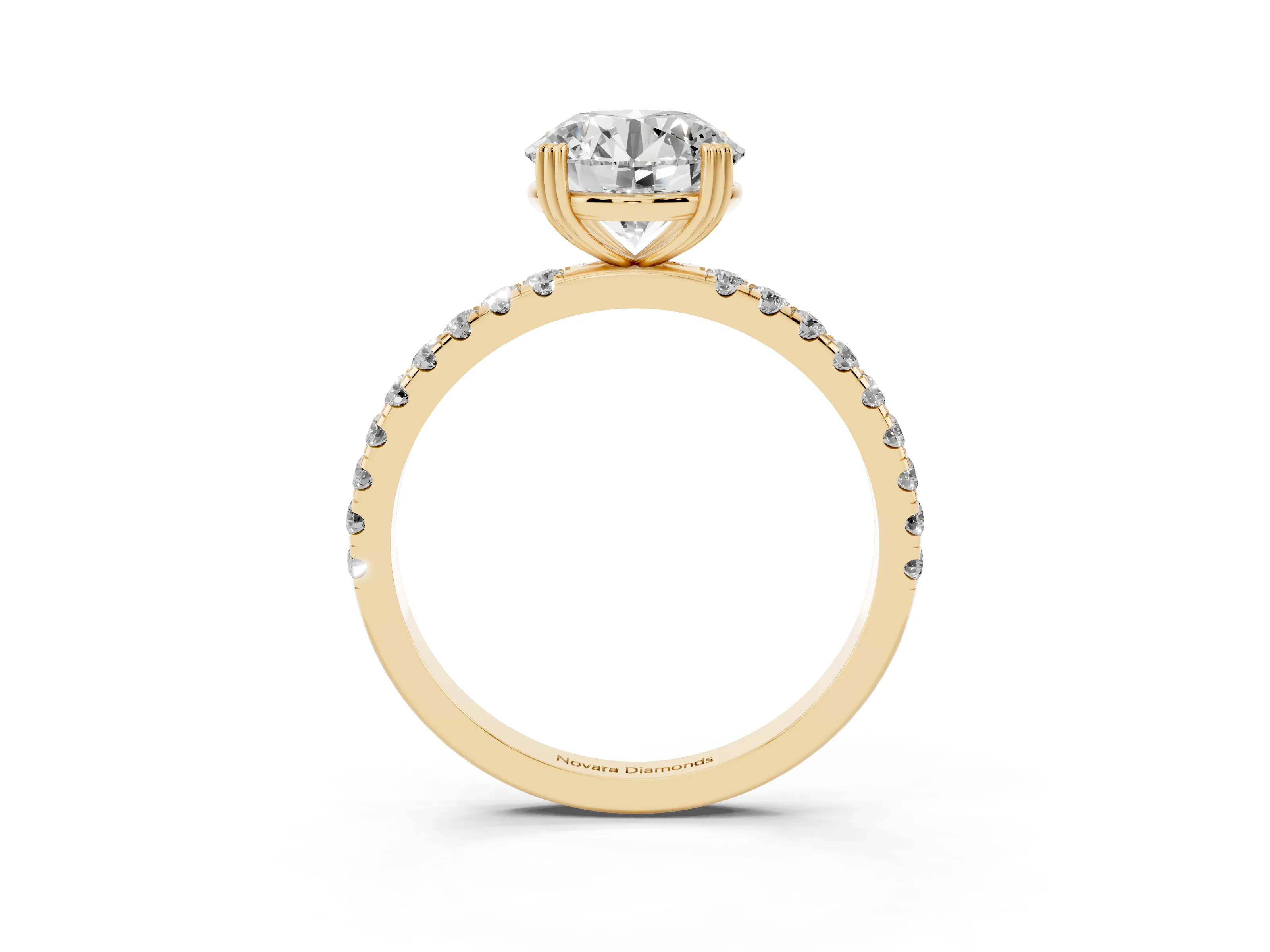 Round Cut Diamond Brilliant Solitaire Set in Yellow gold with Pavé Band and Claw Prong Setting