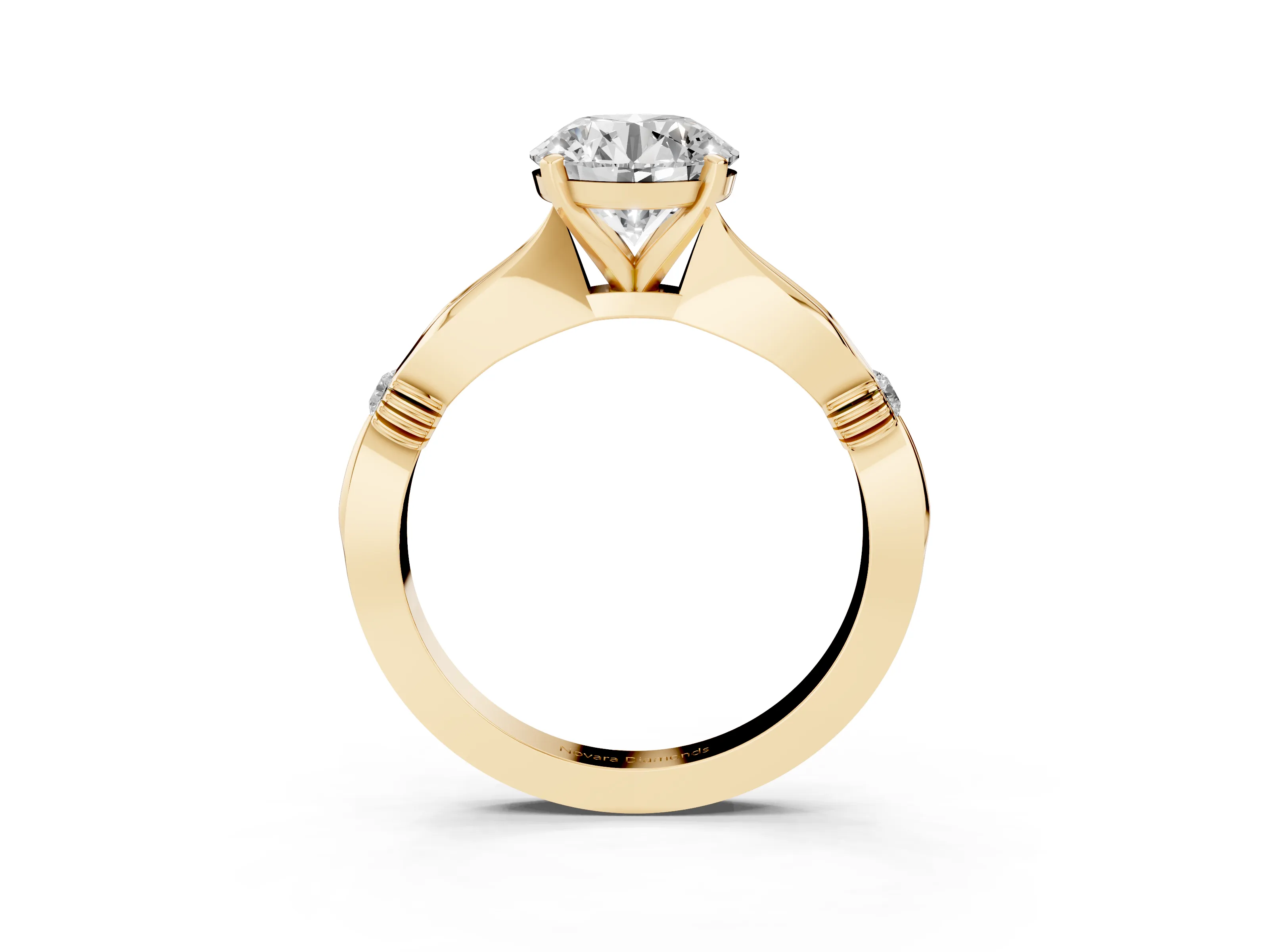 Round Cut Diamond Solitaire Twisted Band Ring Set in Yellow gold with Accent Stones and Prong Setting