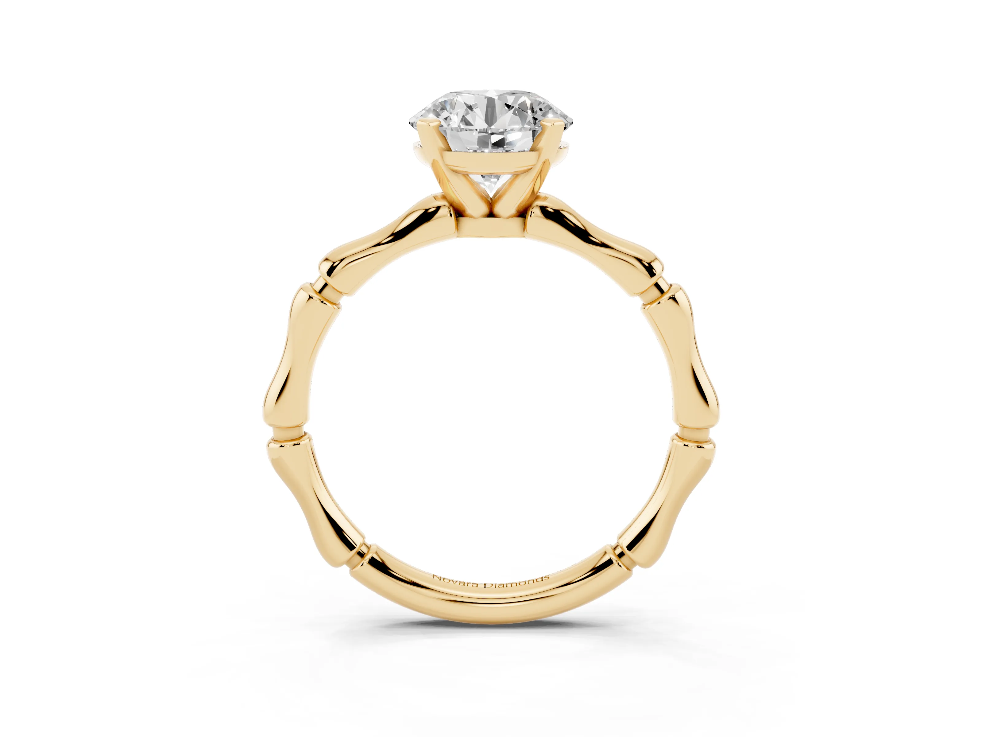 Round Cut Diamond Solitaire Ring Set in Yellow gold with Bamboo Band and Prong Setting