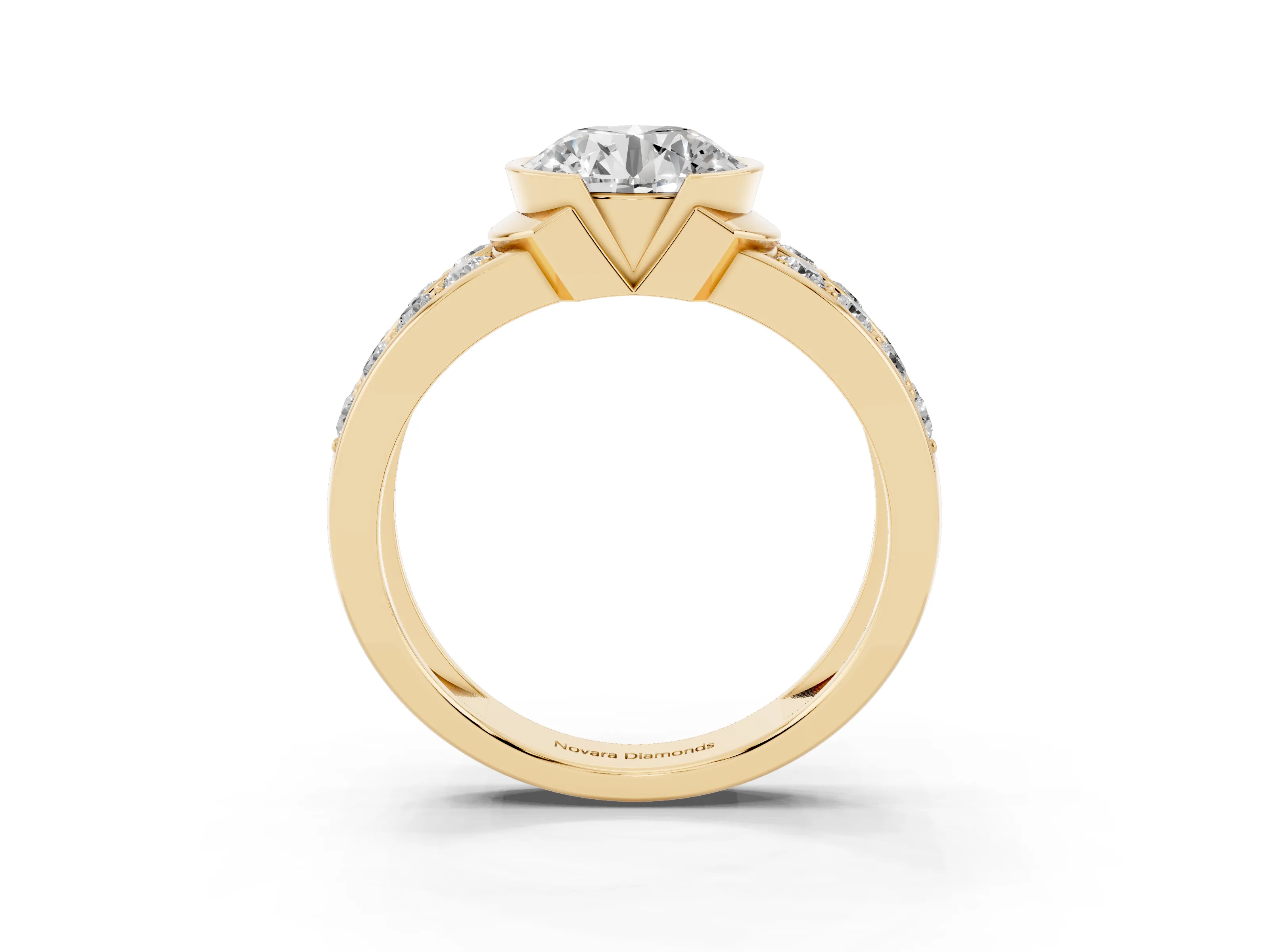 Round Cut Diamond Wide Channel Set Band Ring Set in Yellow gold with Bezel Setting