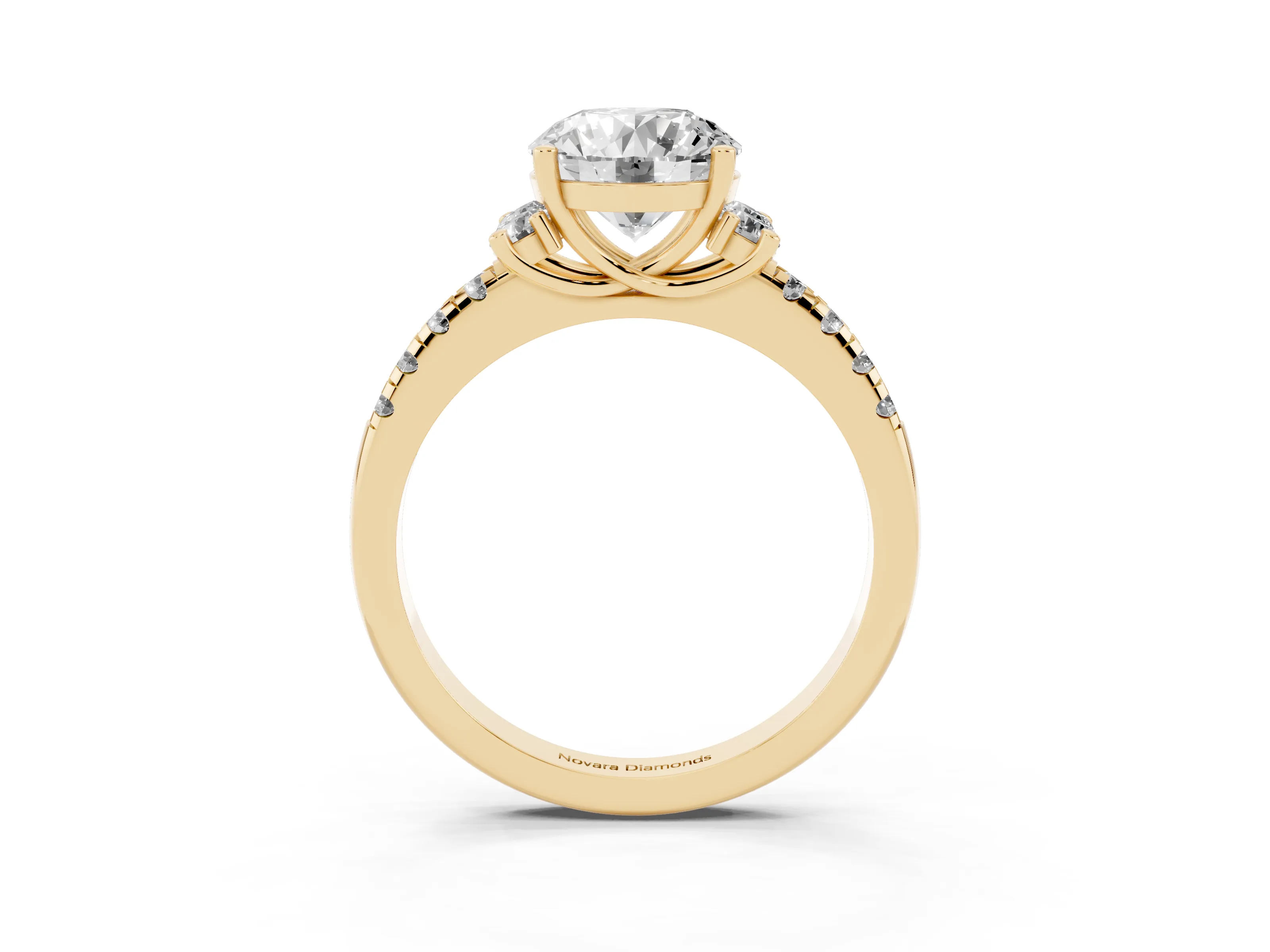 Round Cut Diamond Three-Stone Pavé Ring Set in Yellow gold with Prong Setting