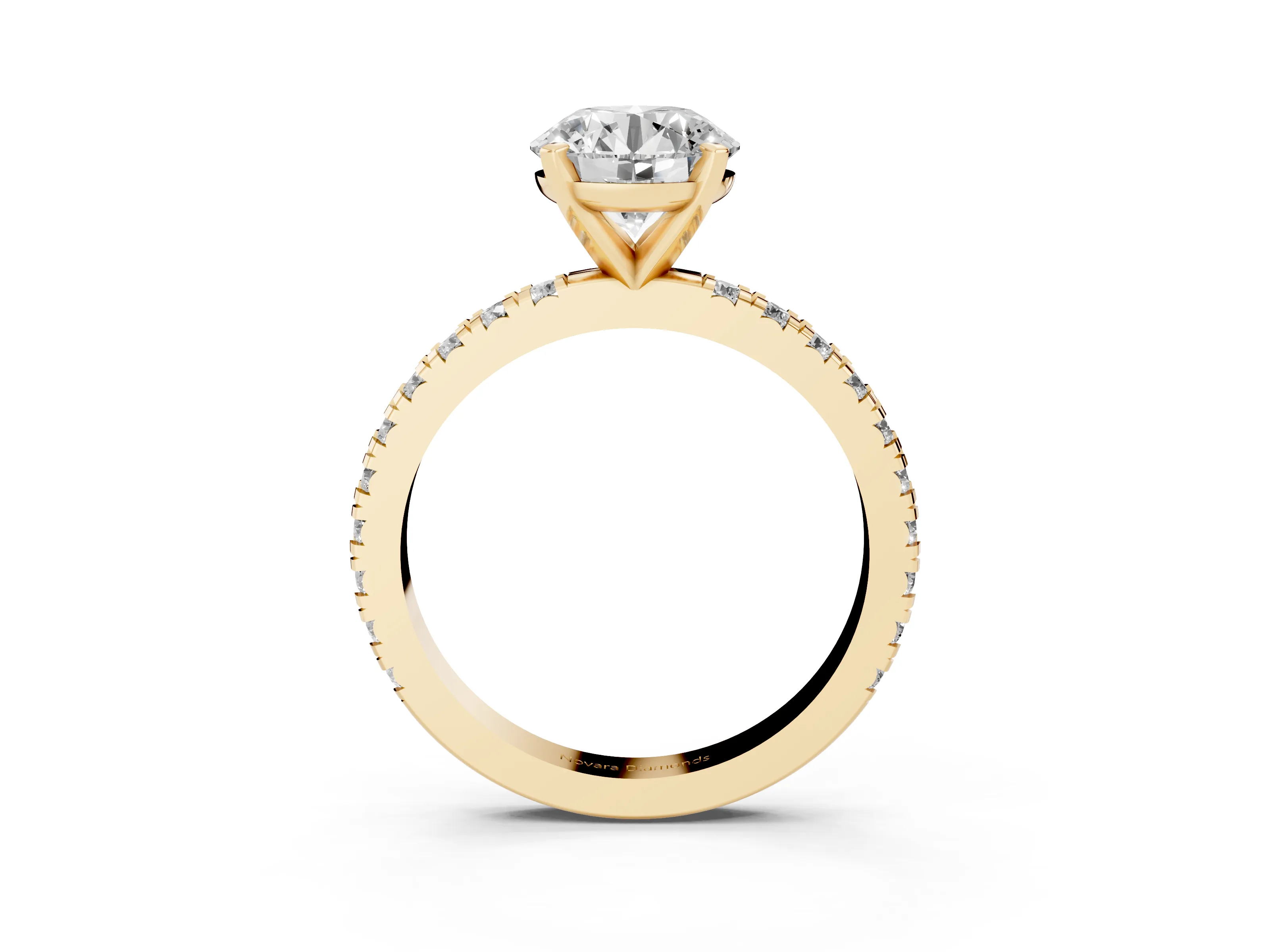 Round Cut Diamond Pavé Band Solitaire Set in Yellow gold with Prong Setting