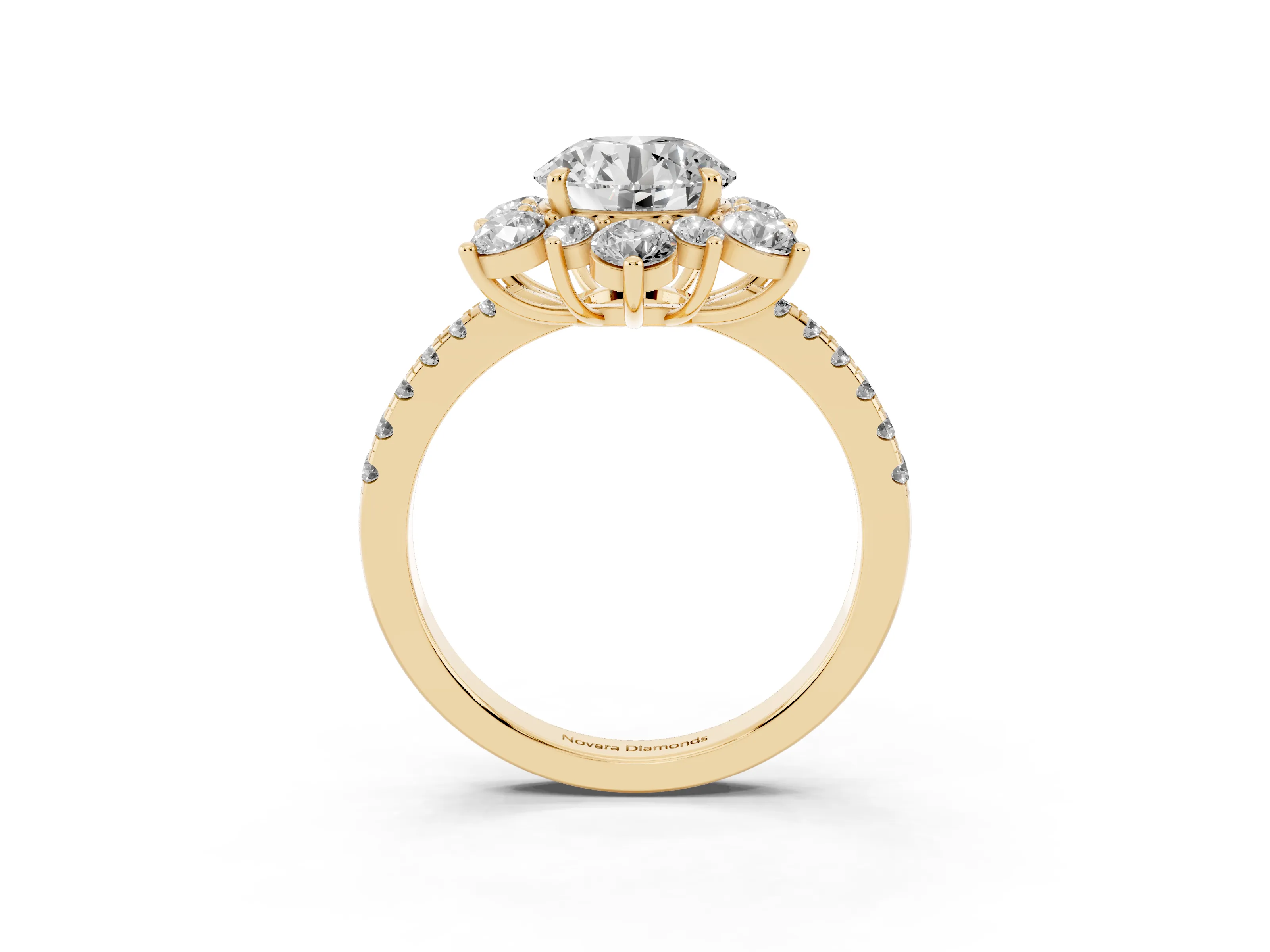 Round Cut Diamond Floral Halo Ring Set in Yellow gold with Round Pavé Band and Prong Setting