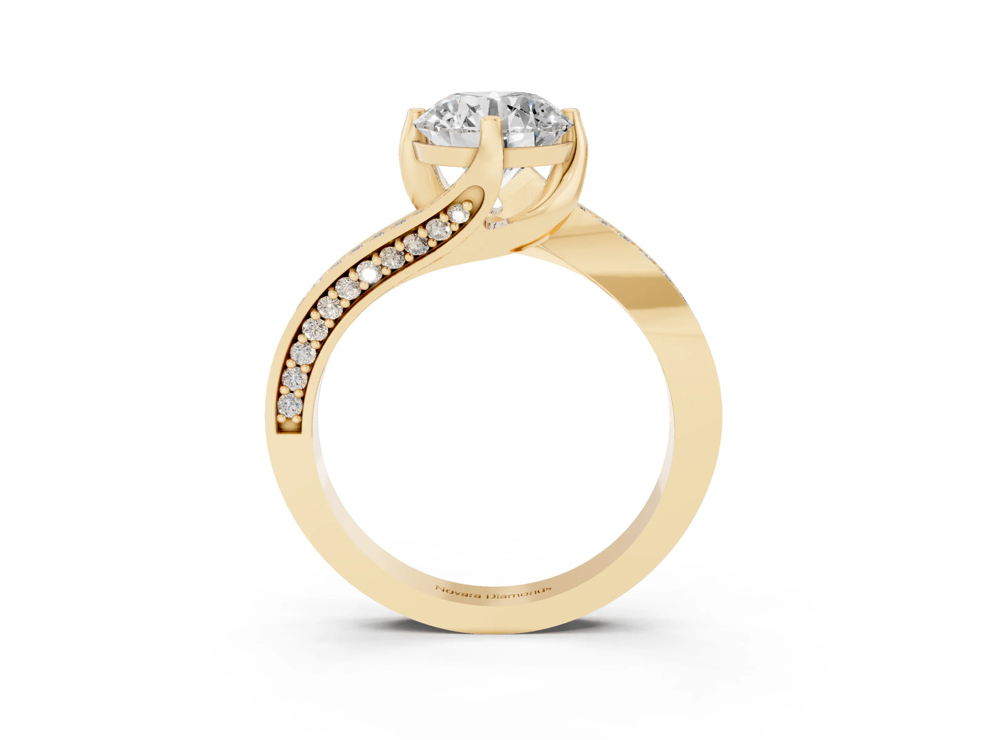 Round Cut Diamond Solitaire Ring Set in Yellow gold with Intertwined Pavé Twist Band