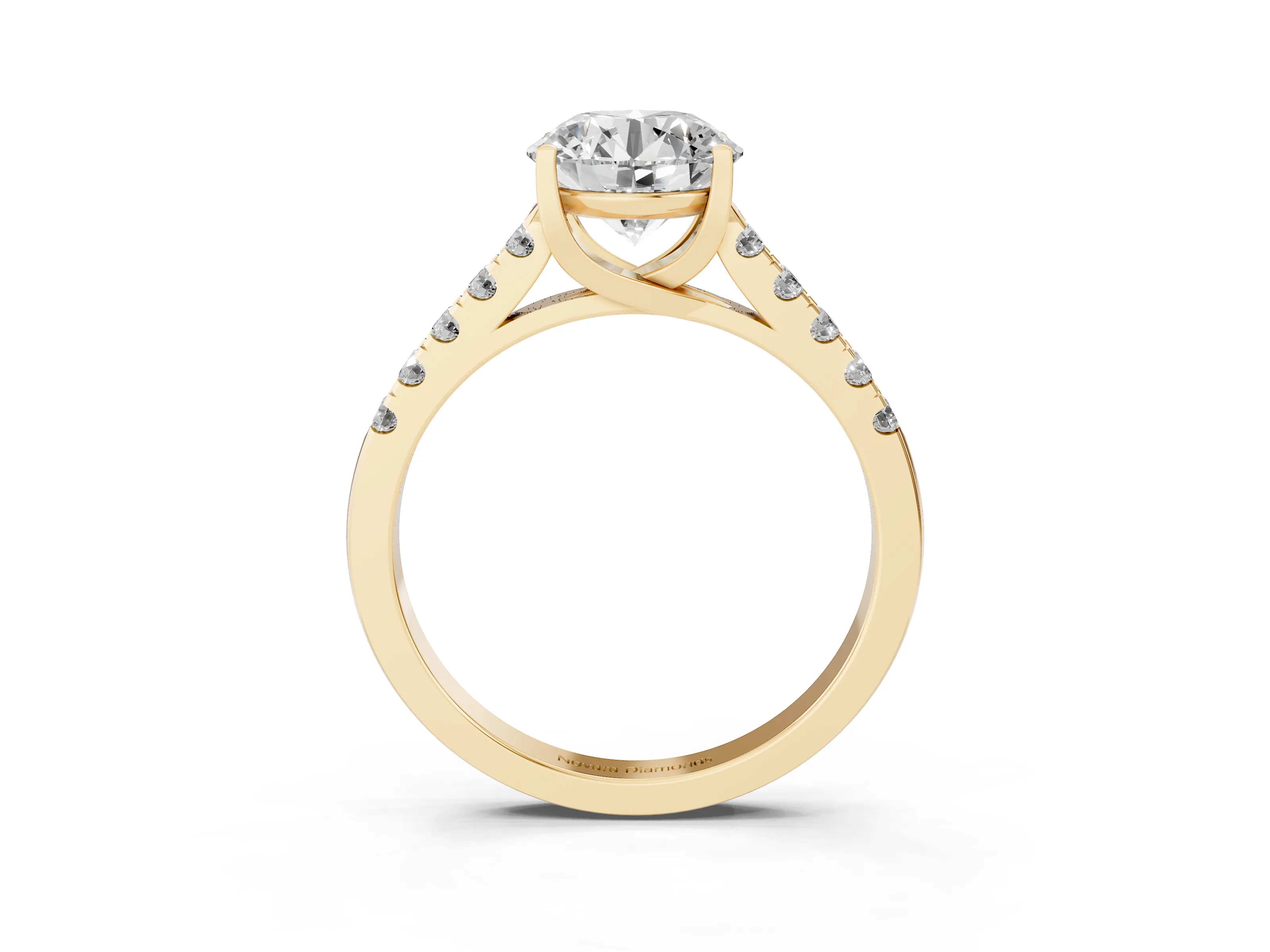 Round Cut Diamond Pavé Band Solitaire Ring Set in Yellow gold with Partway Accent Stones and Prong Setting