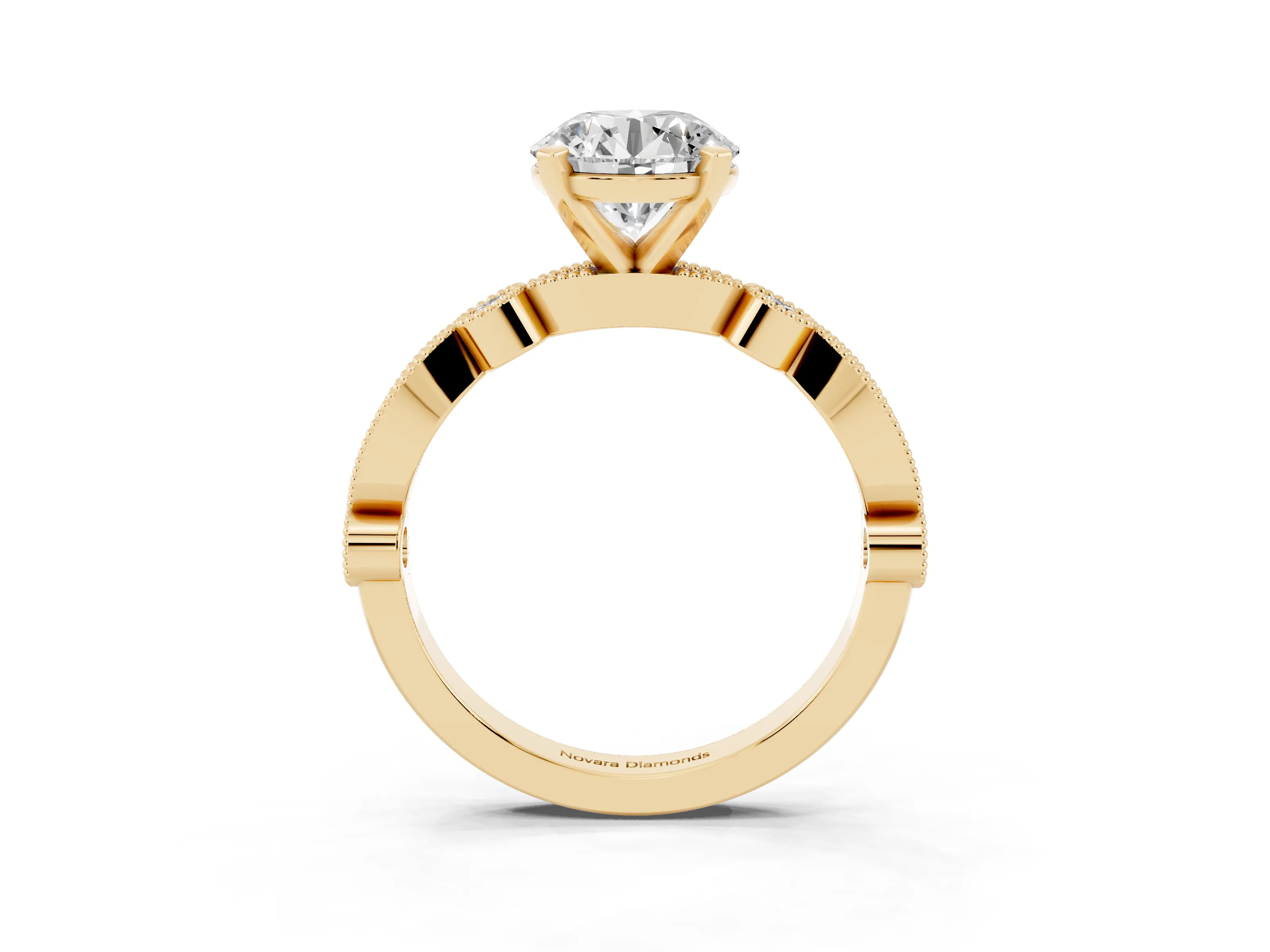 Round Cut Diamond Solitaire Engagement Ring Set in Yellow gold with Milgrain Bezel Accent Band