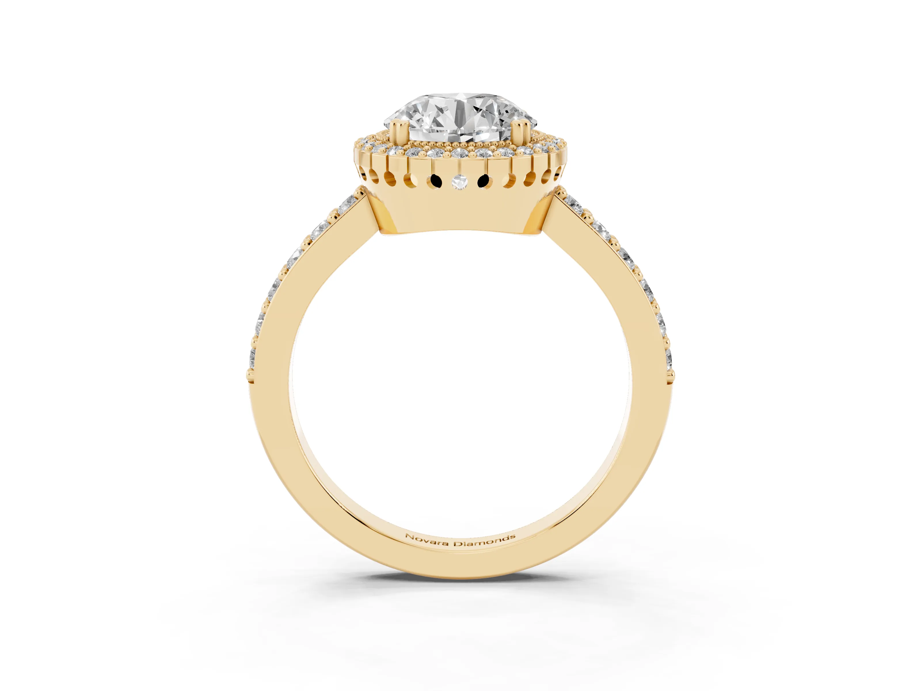 Round Cut Diamond Halo Engagement Ring Set in Yellow gold with Milgrain Detail and Pavé Band
