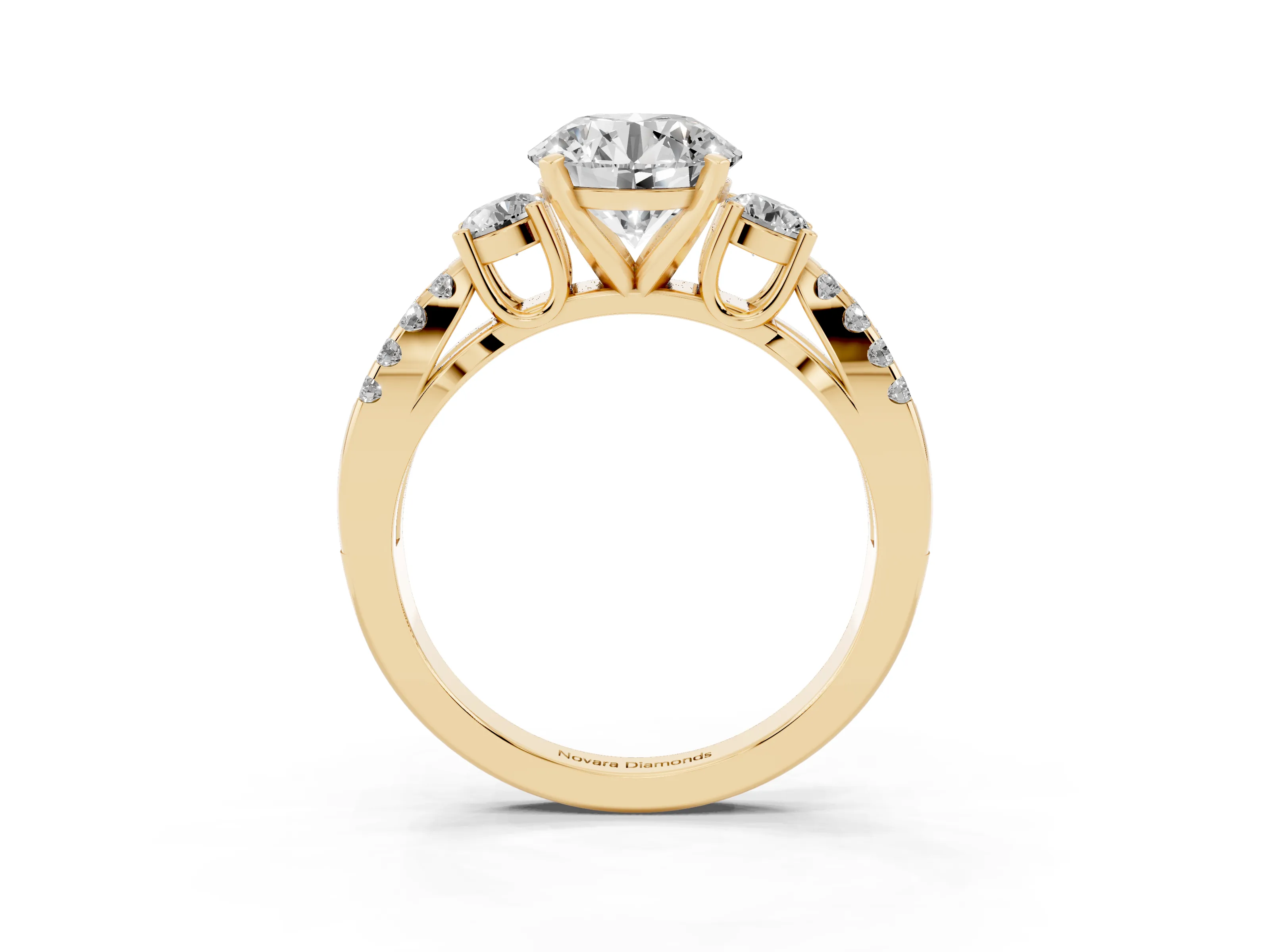 Round Cut Diamond Three-Stone Ring Set in Yellow gold with Pavé Split Shank and Prong Setting