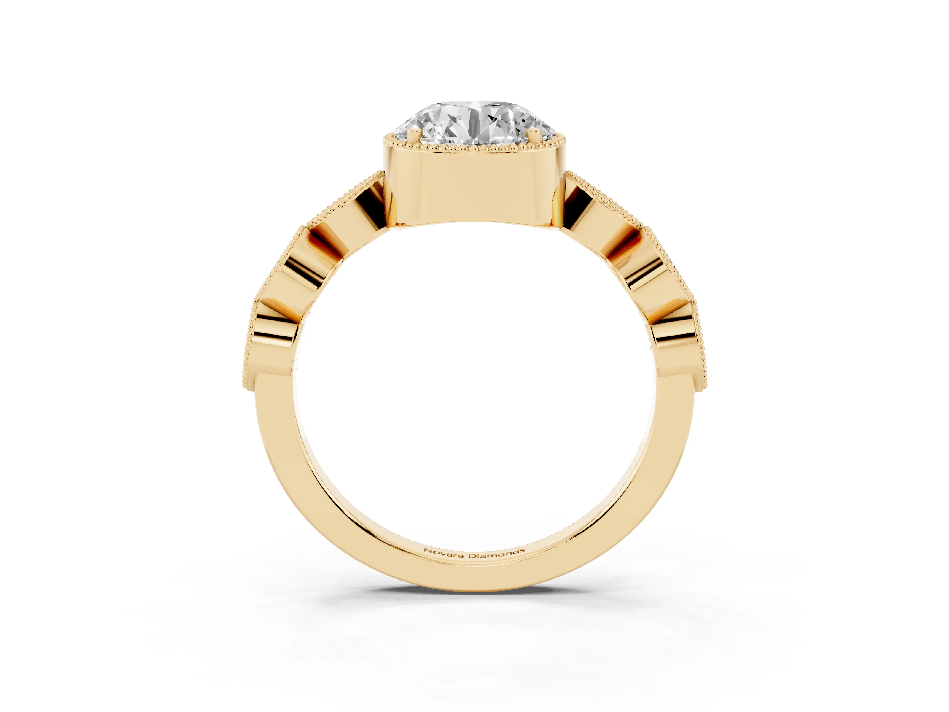 Round Cut Diamond Vintage-Inspired Milgrain Ring Set in Yellow gold with Marquise Stations of Round Accents