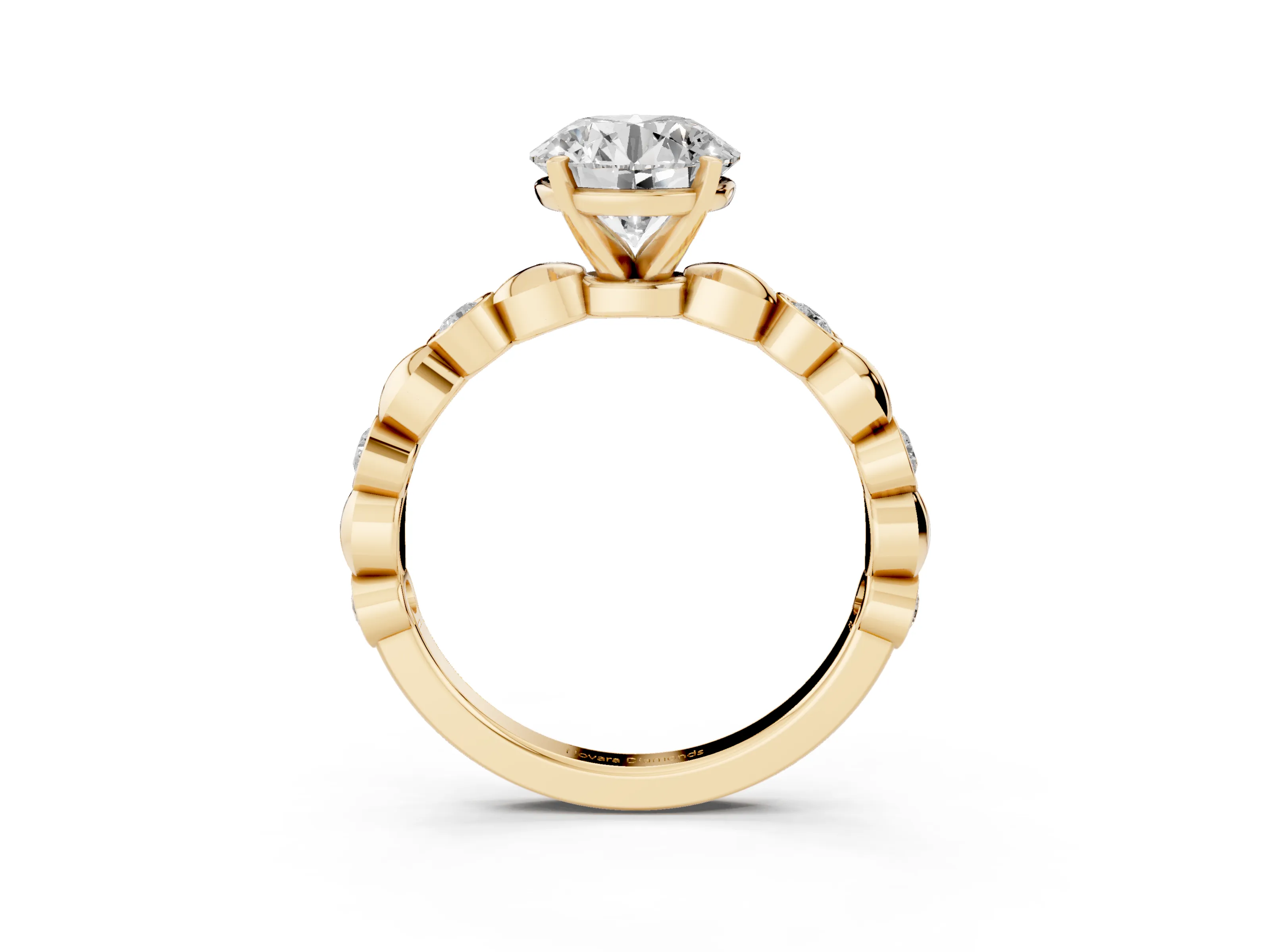 Round Cut Diamond Solitaire Ring Set in Yellow gold with Bezel-Set Accents on Beaded Band and Prong Setting