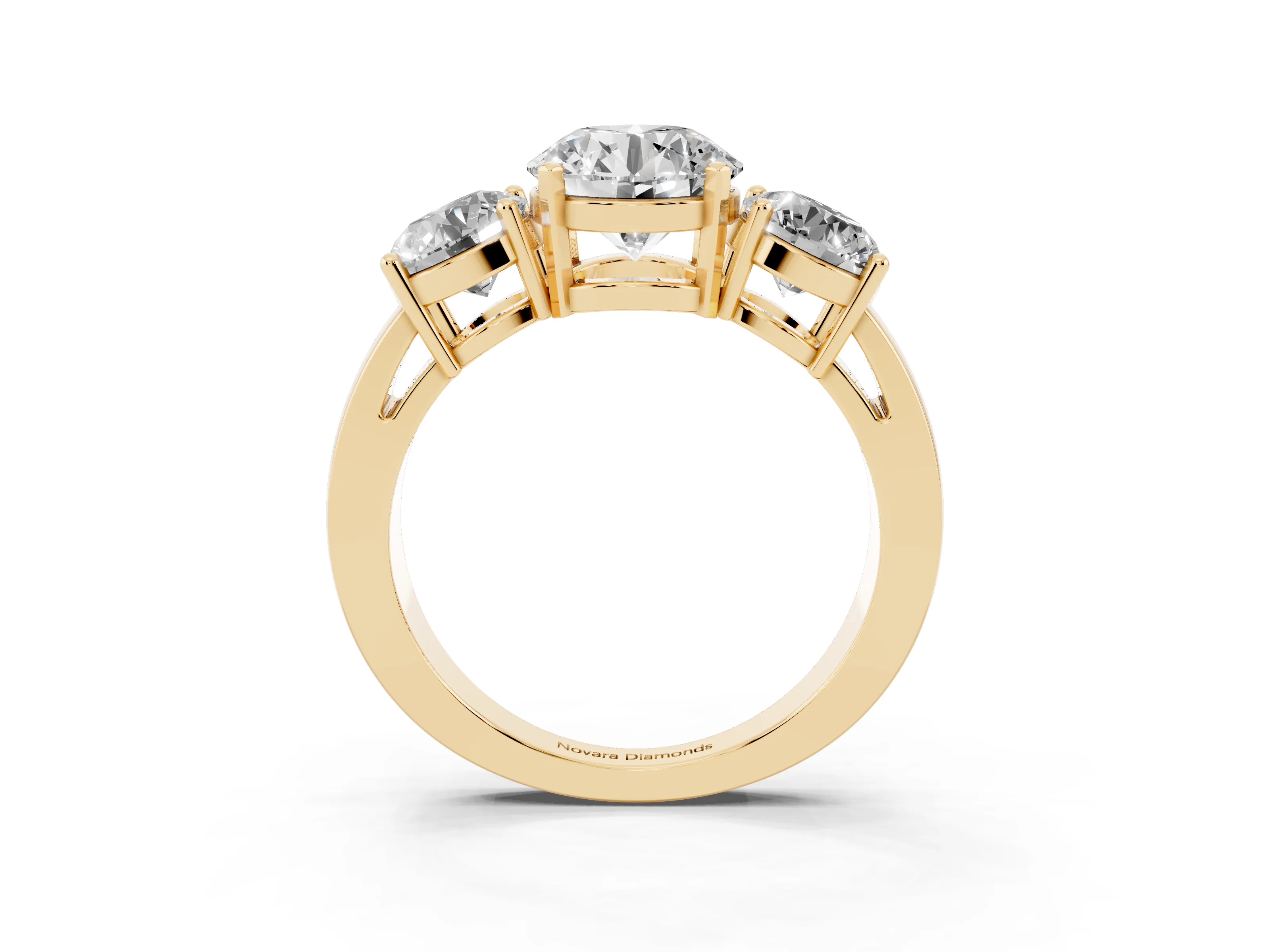 Round Cut Diamond Three-Stone Ring Set in Yellow gold with Round Side Stones and Classic Band