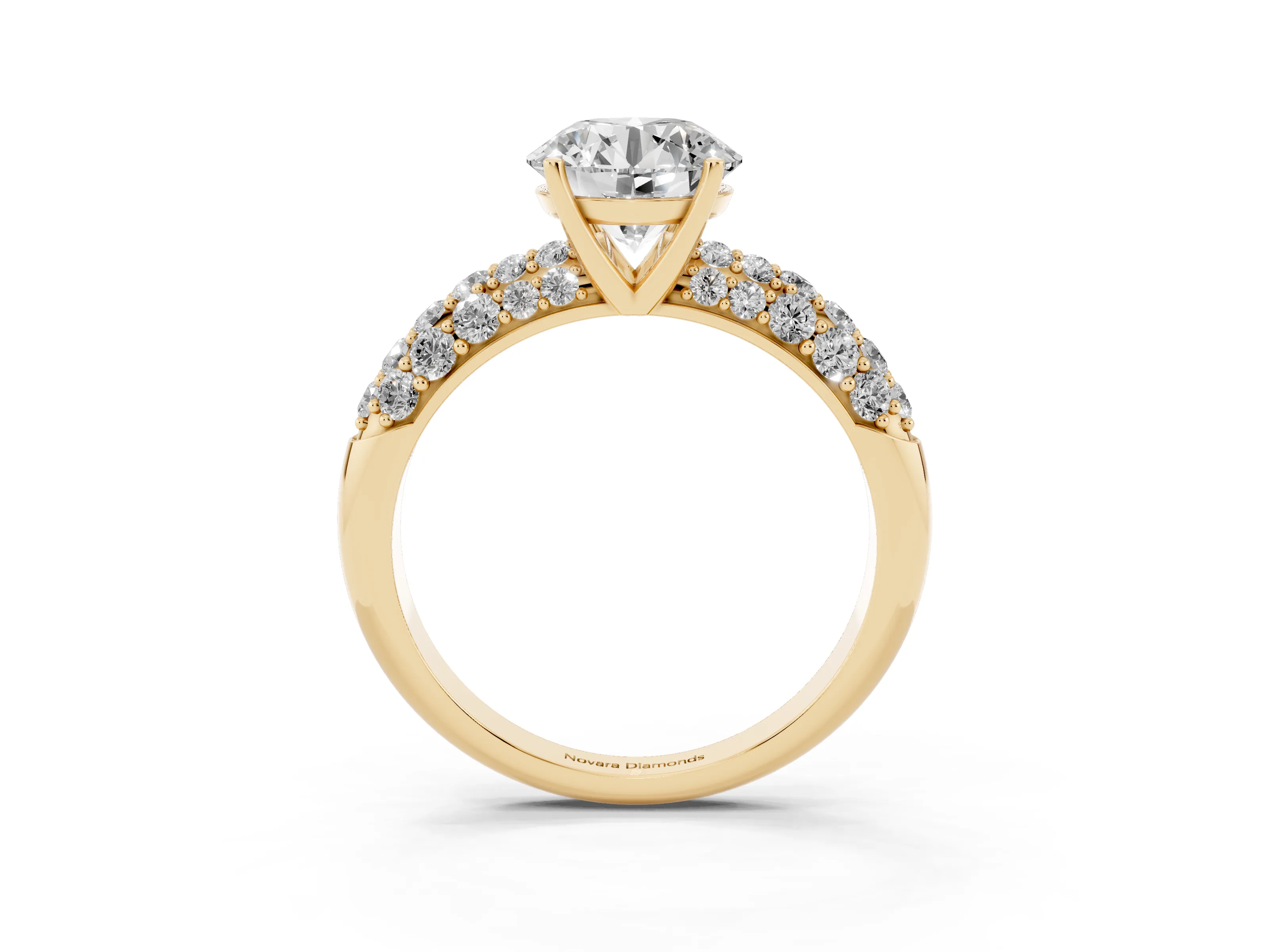 Round Cut Diamond Pavé Band Solitaire Ring Set in Yellow gold with Close-Set Accent Stones and Prong Setting