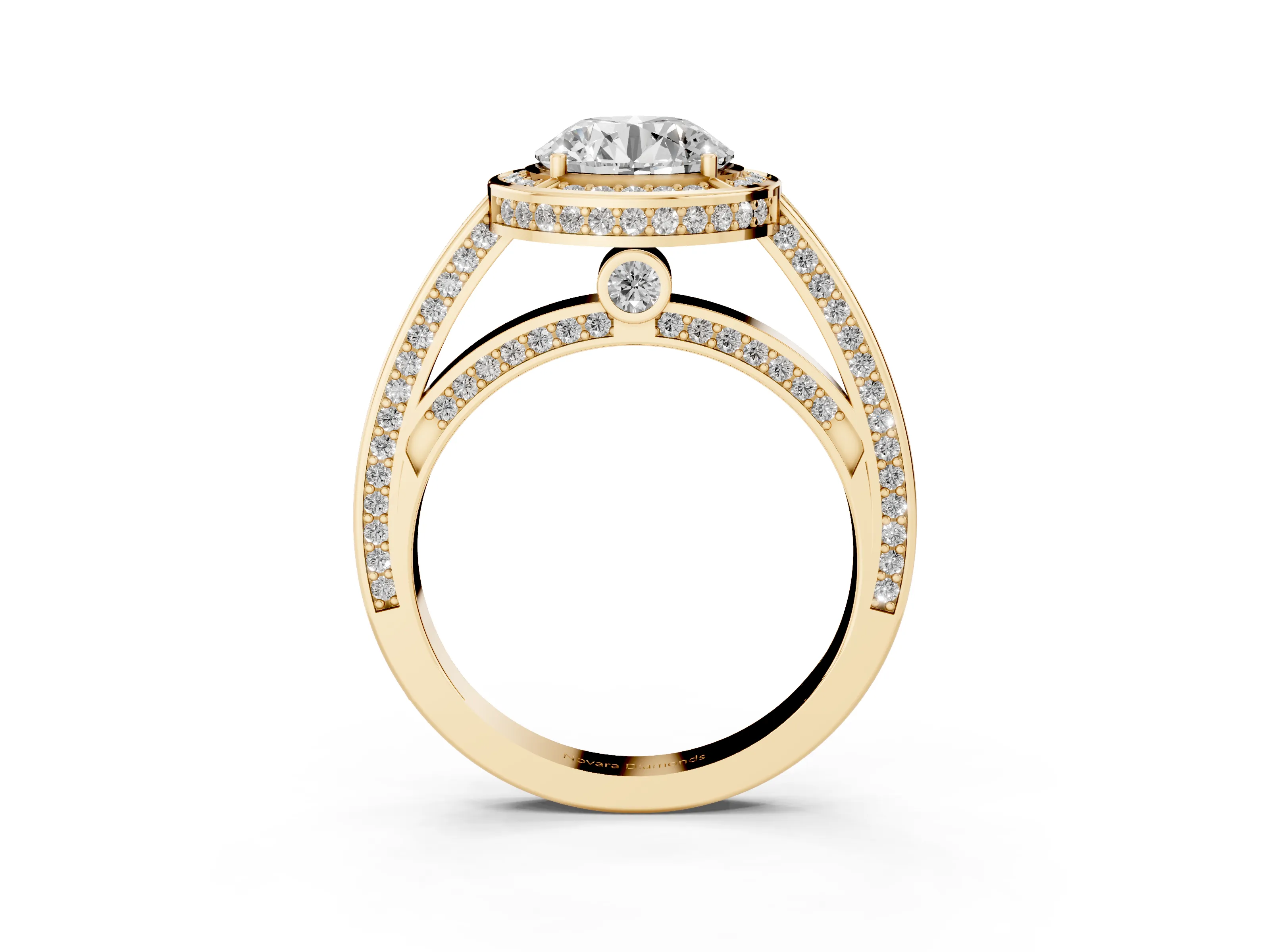 Round Cut Diamond Halo Pavé Split Shank Ring Set in Yellow gold with Prong Setting