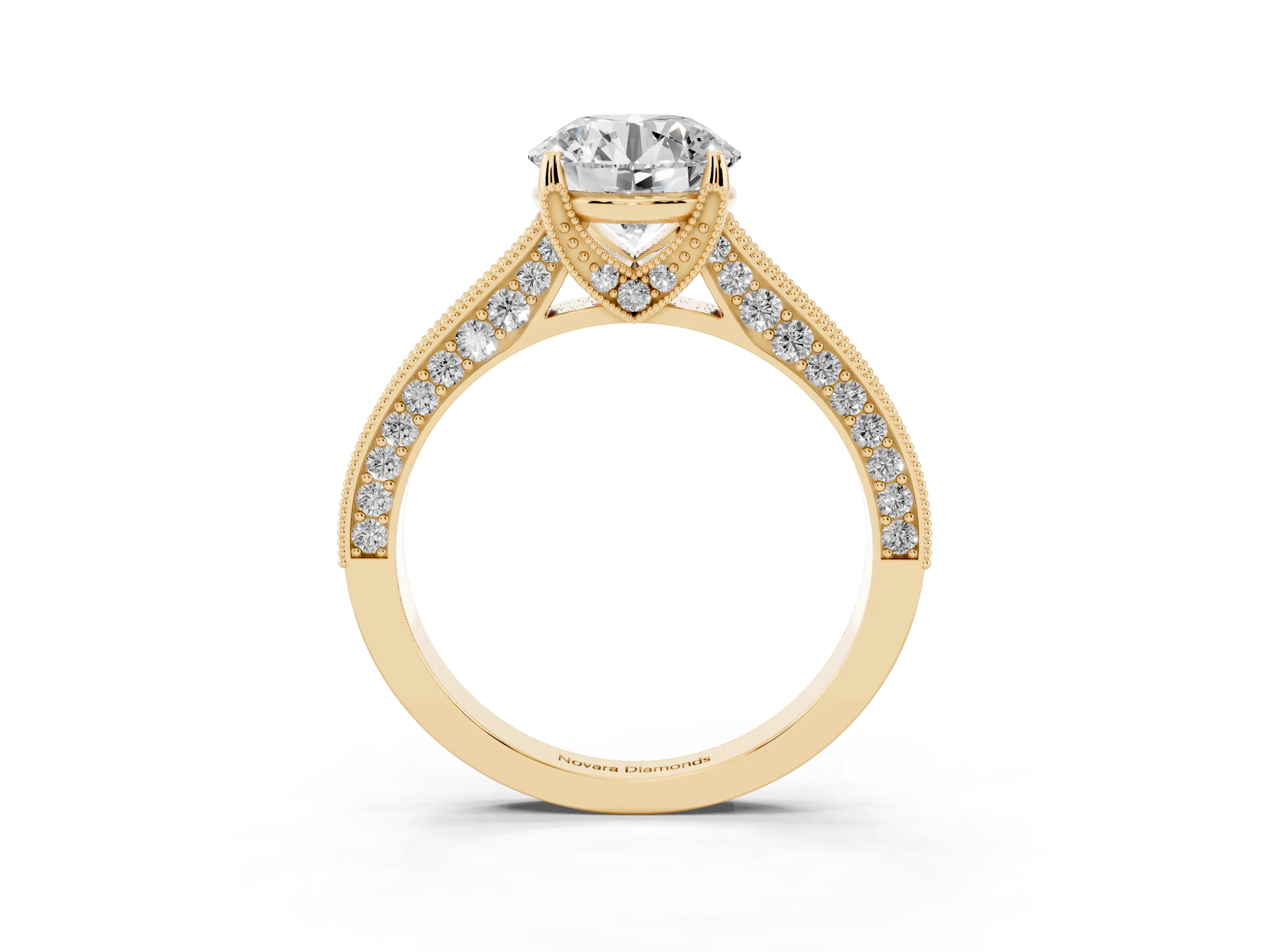 Round Cut Diamond Solitaire Ring Set in Yellow gold with Milgrain-Edged Pavé Band and Prong Setting
