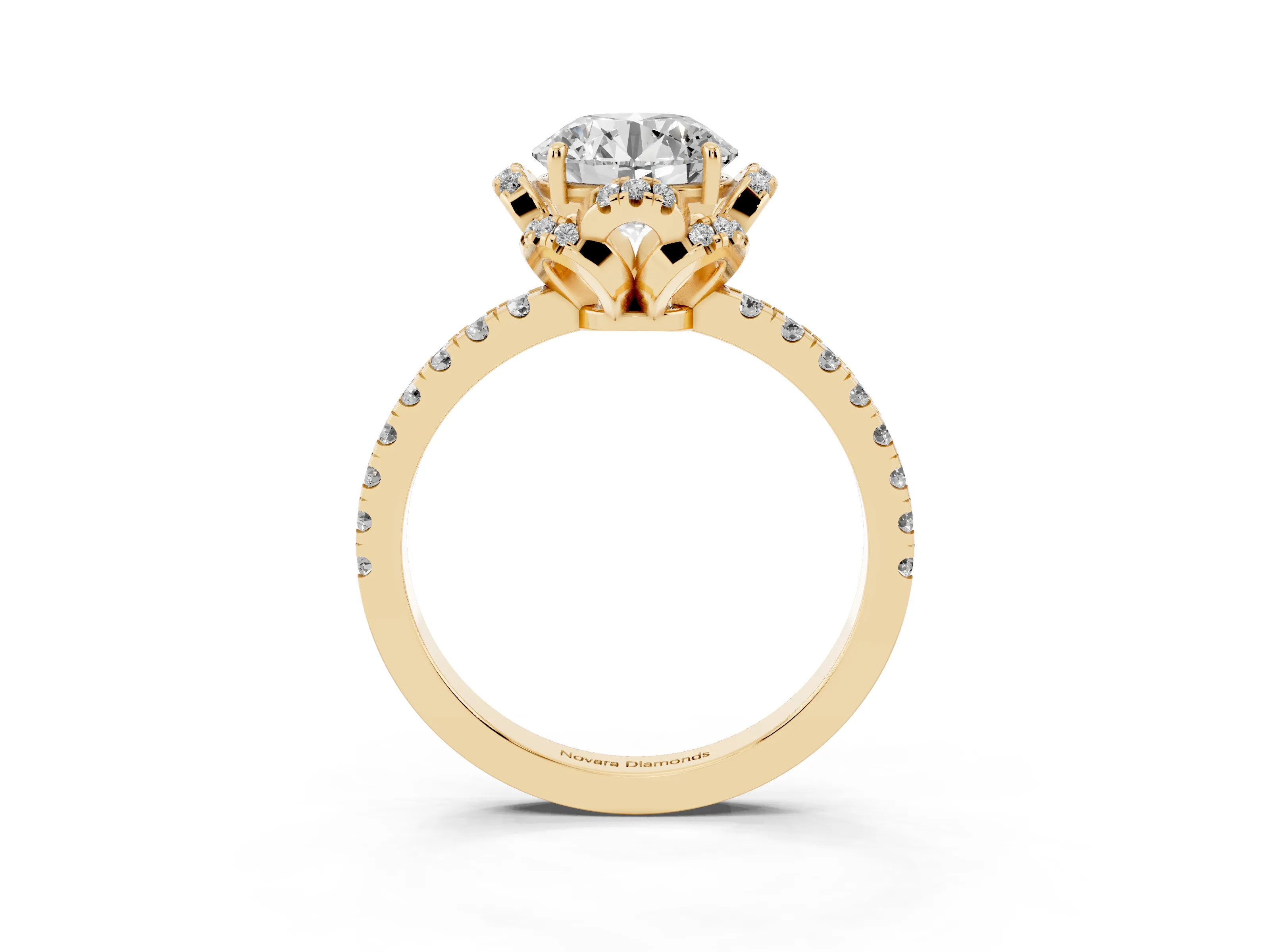 Round Cut Diamond Halo Pavé Band Ring Set in Yellow gold with Prong-Held Center