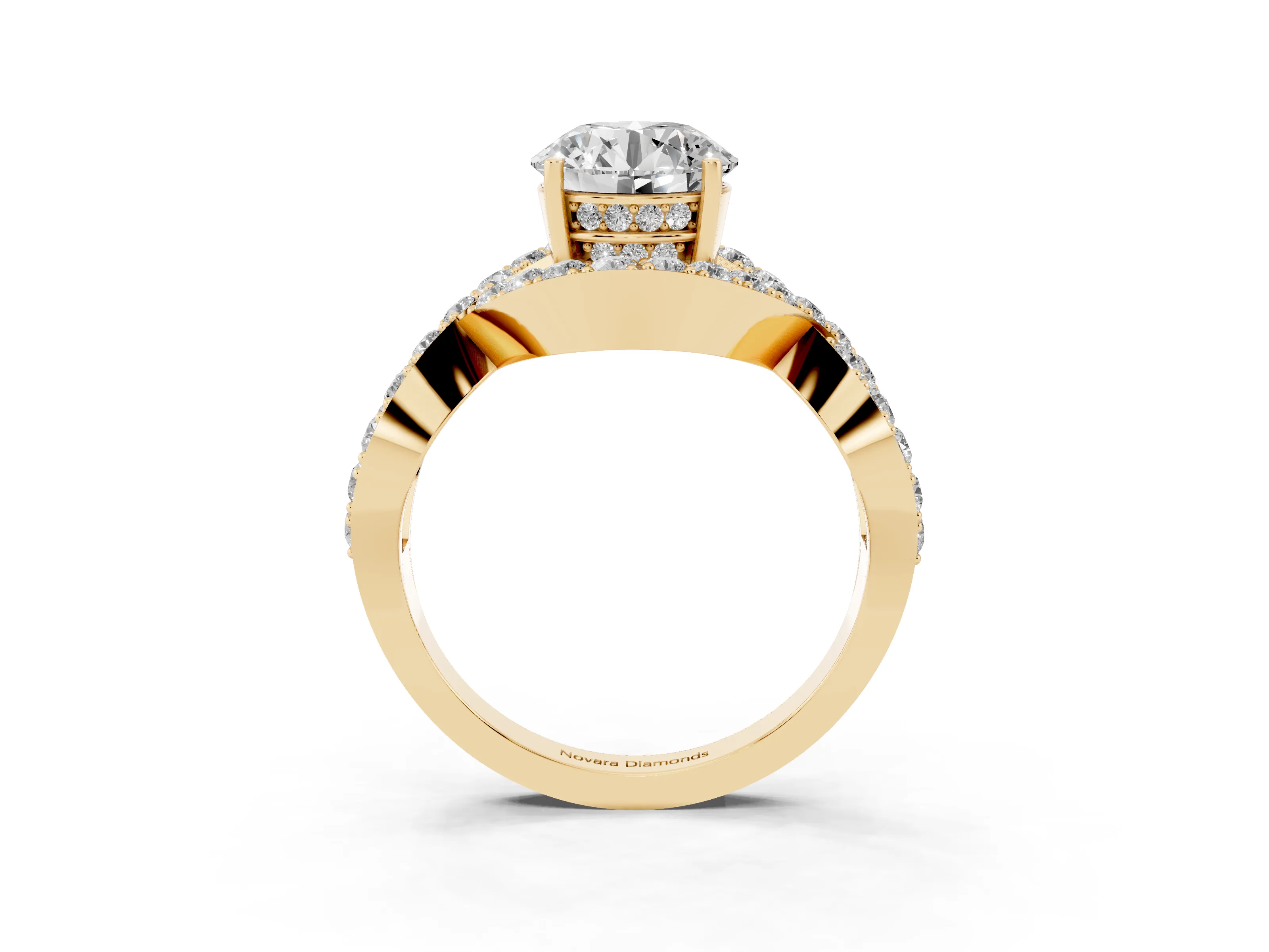 Round Cut Diamond Solitaire Twist Band Pavé Engagement Ring Set in Yellow gold