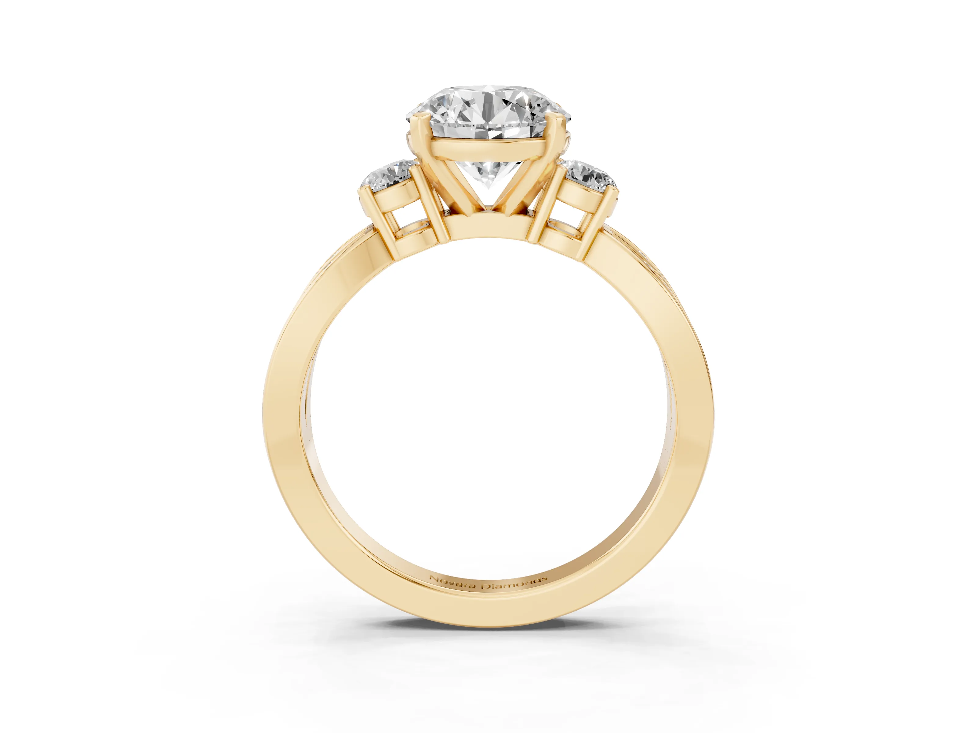 Three-Stone Round Cut Diamond Twist Band Ring Set in Yellow gold with Pavé Accents and Prong Setting