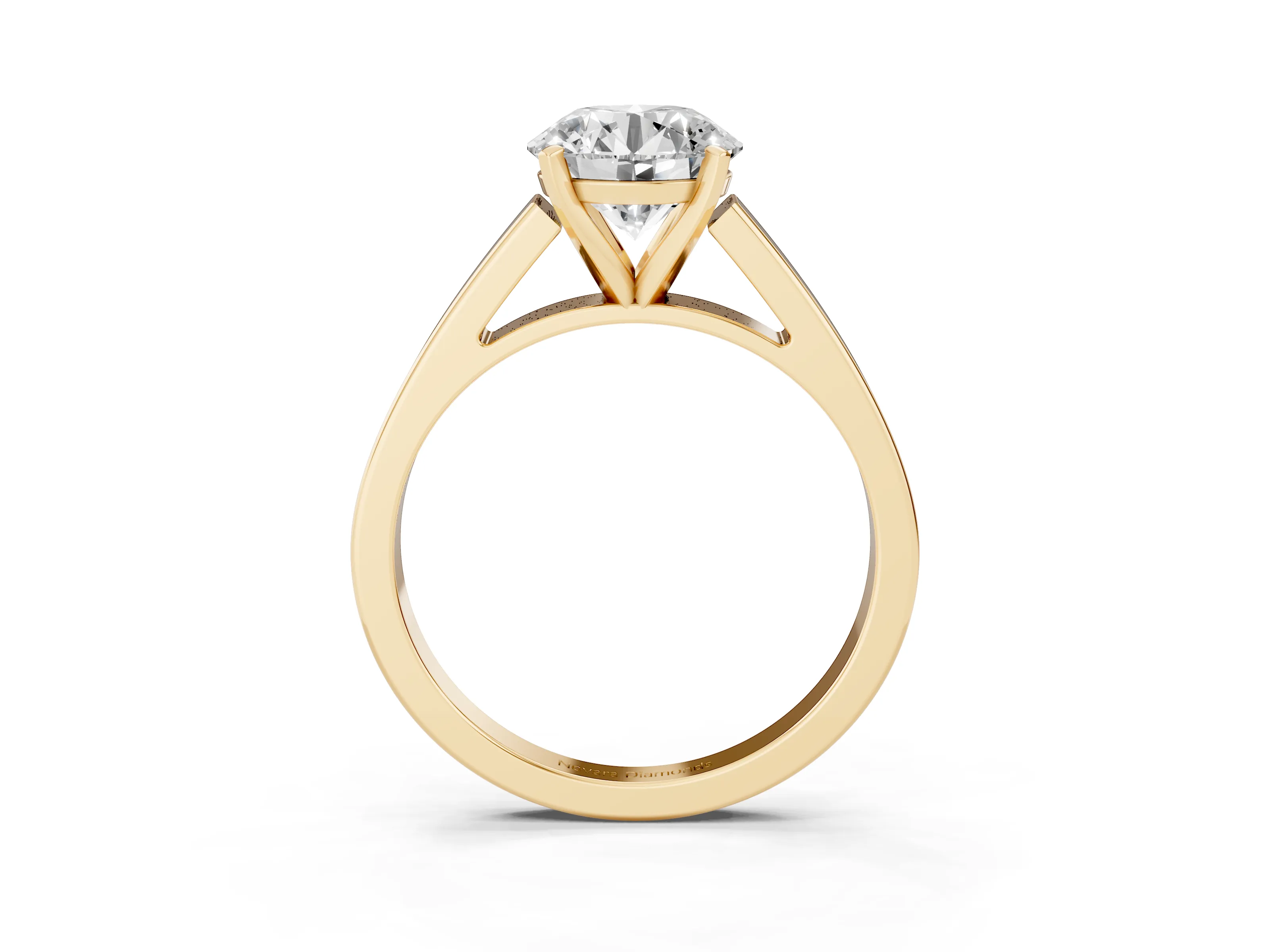 Round Cut Diamond Solitaire Engagement Ring Set in Yellow gold with Prong Setting and Tapered Band