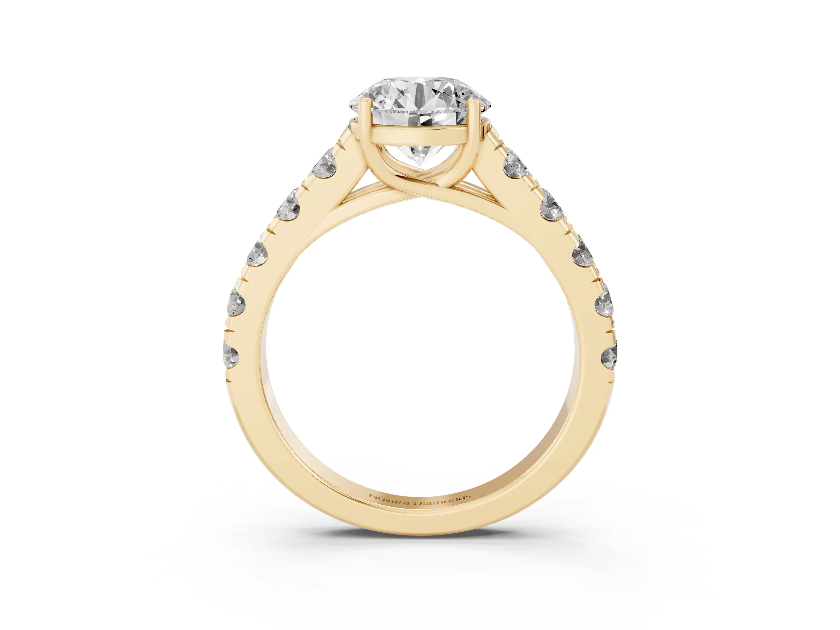 Round Cut Diamond Solitaire Ring Set in Yellow gold with Cut-Down Micro Pavé Band and Prong Setting