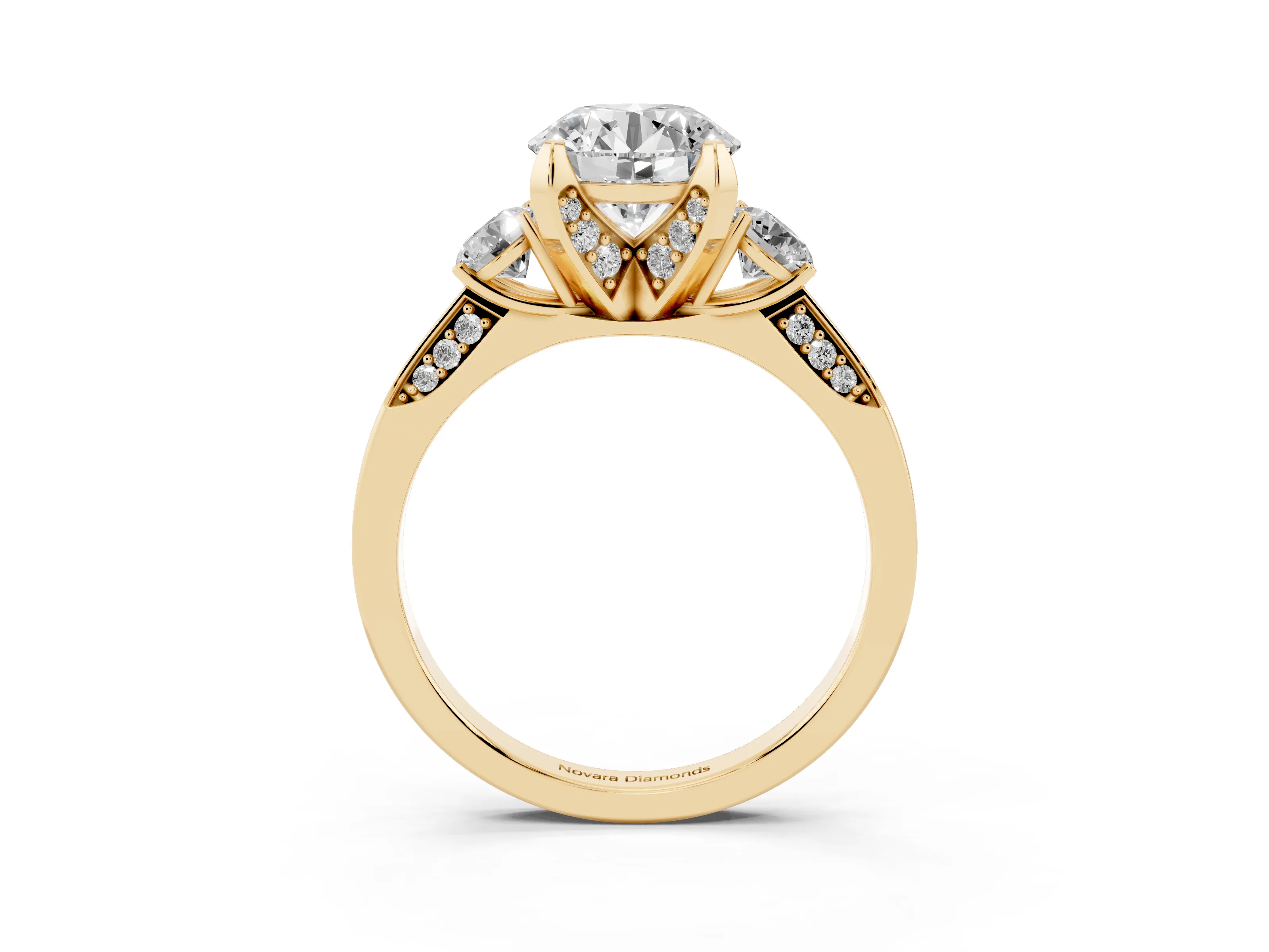 Round Cut Diamond Three-Stone Ring Set in Yellow gold with Pavé Band and Smaller Side Stones