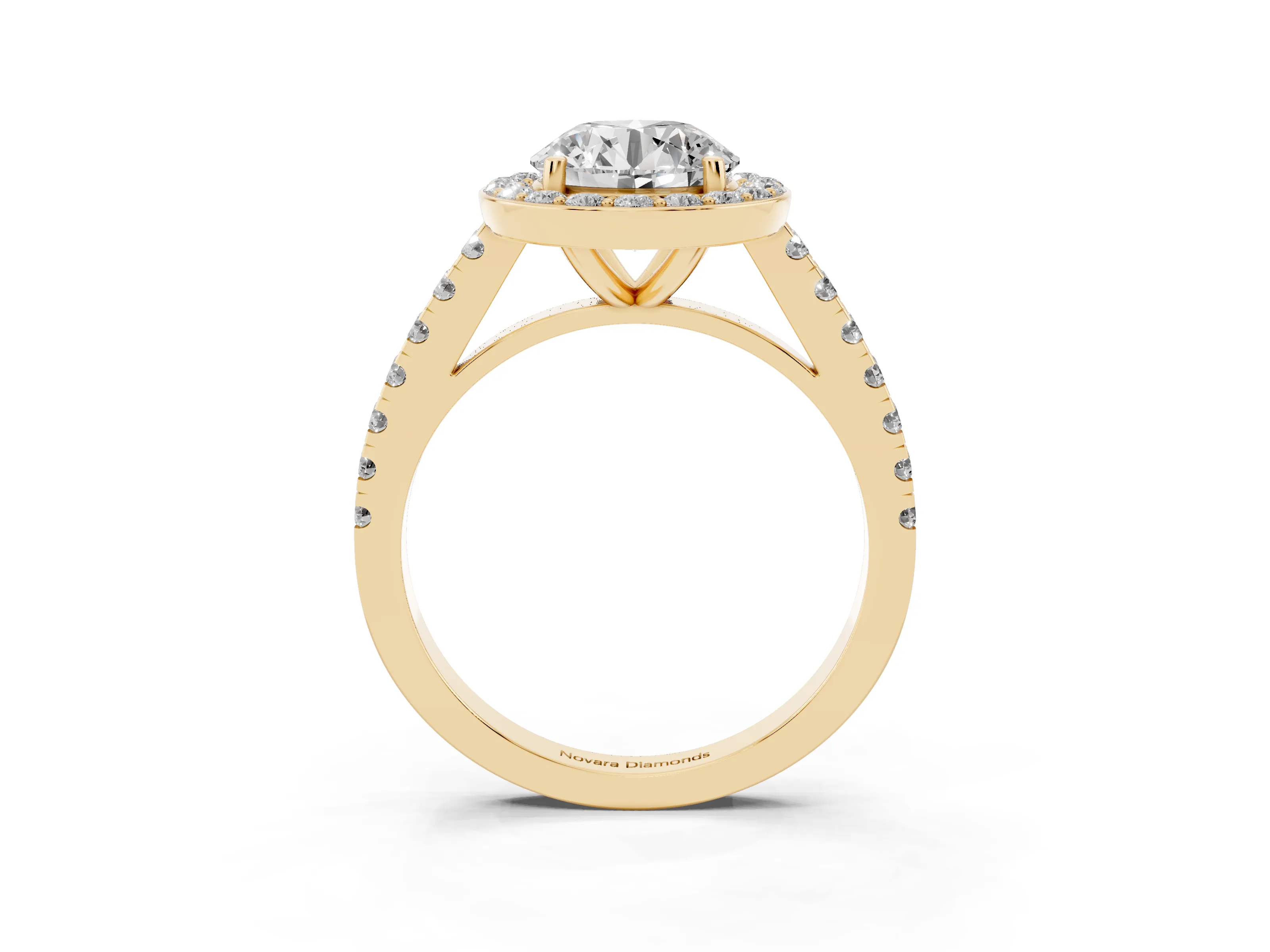 Round Cut Diamond Halo Ring Set in Yellow gold with Round Pavé Split Shank and Prong Setting