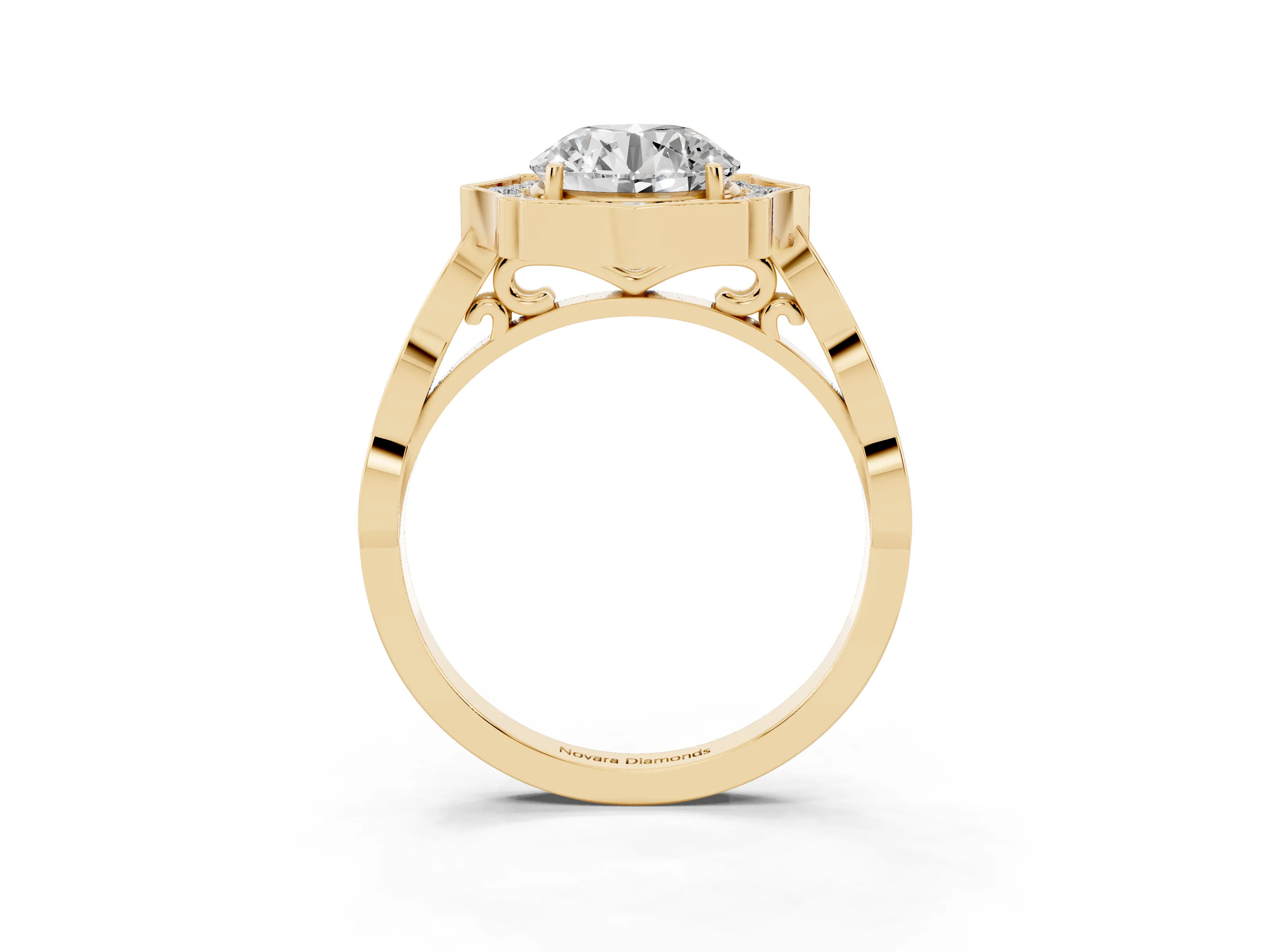 Round Cut Diamond Halo Engagement Ring Set in Yellow gold with Milgrain Band and Prong Setting